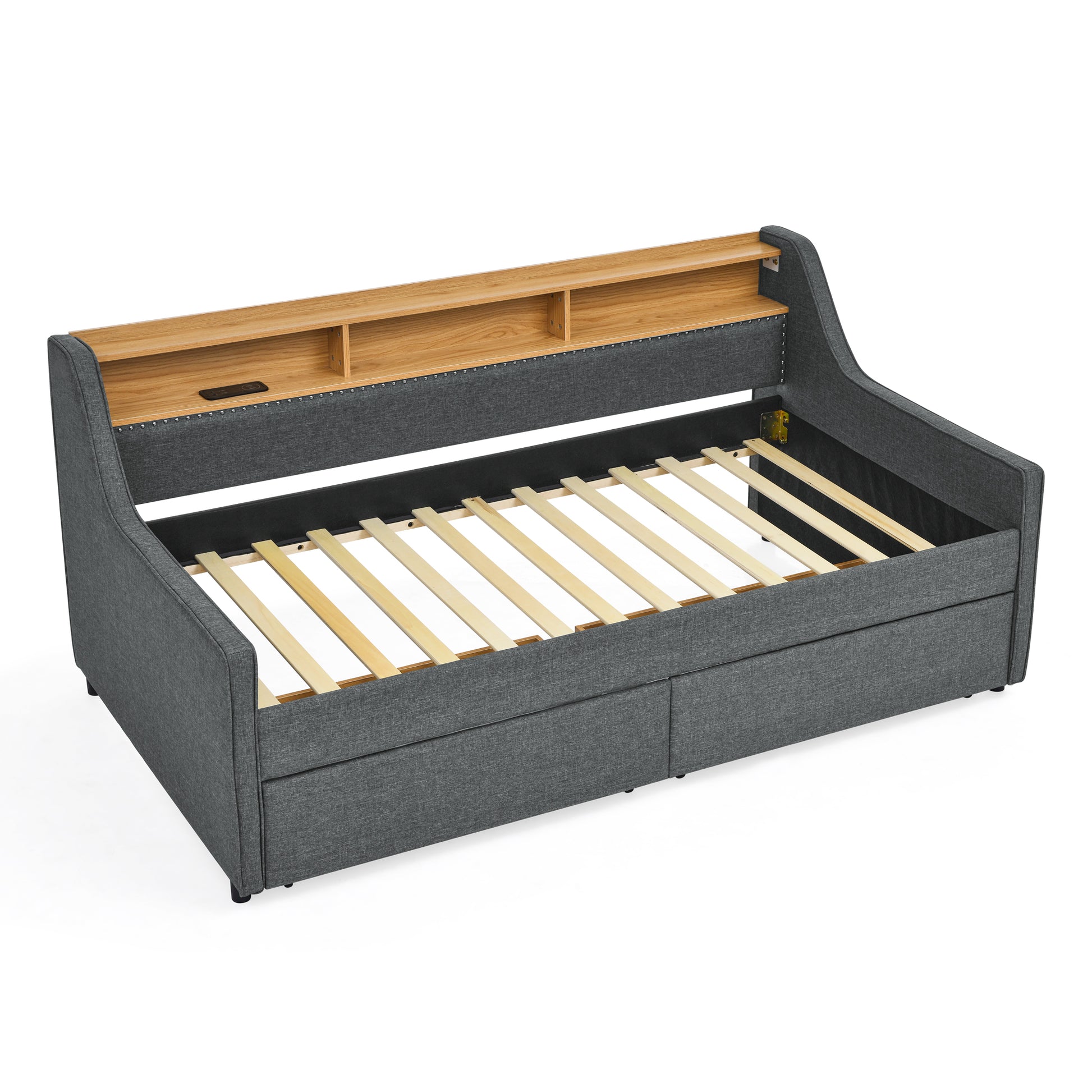 Twin Size Upholstery Sofa Bed With Three Led Lights, With Storage Adjustable Headboard, With Two Storage Pull Up Drawers And Wireless Charging, Linen Padded Sofa Bed Frame, Grey Box Spring Not Required Twin Grey Composite Bedroom Classic Eucalyptus Foam