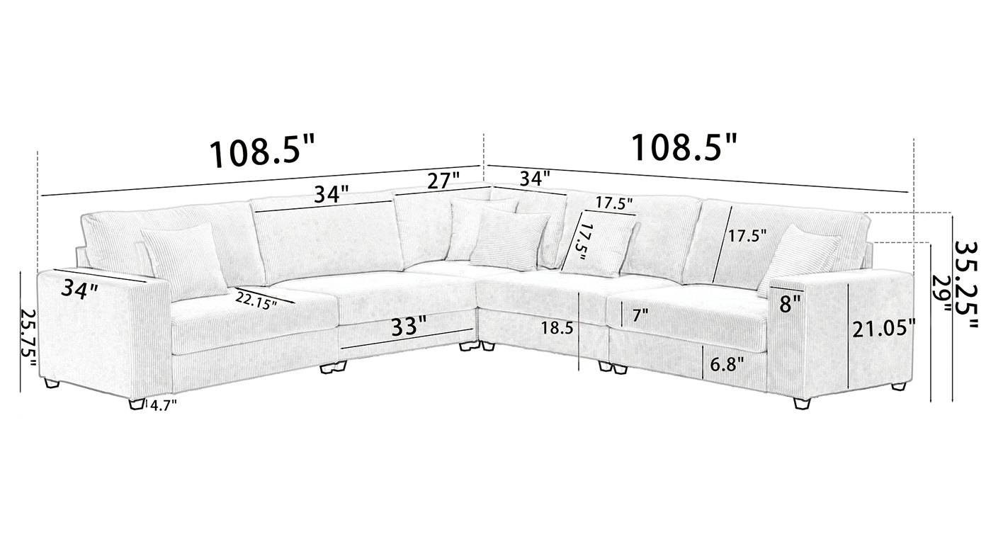 Packaging Upgrade Oversized Modular Sectional Sofa Set, L Shaped Couch,Corduroy ,Upholstered,Deep Seat,5 Seat,5 Throw Pillow And 6 Back Cushion,Living Room, Apartment ,Beige Beige Polyester Wood