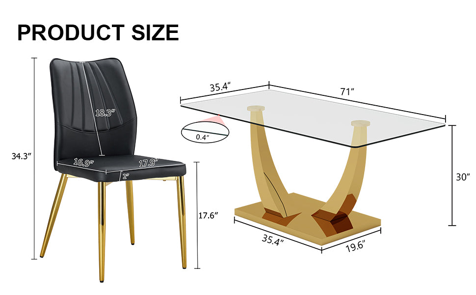 Table And Chair Set.Modern Rectangular Dining Table With Transparent Tempered Glass Tabletop And Gold Plated Metal Legs.Paried With 6 Comfortable Chairs With Pu Seats And Golden Metal Legs. Black Gold,Transparent Seats 6 Glass Metal