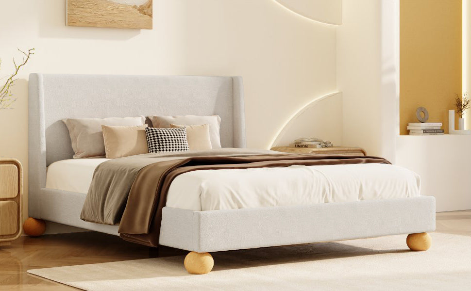 Modern Boucle Upholstered Platform Bed With Wingback Headboard And Round Wooden Legs, Beige,Queen Size Old Sku:Bs531851Aab Box Spring Not Required Queen Beige Wood Bedroom Modern Bed Frame Boucle