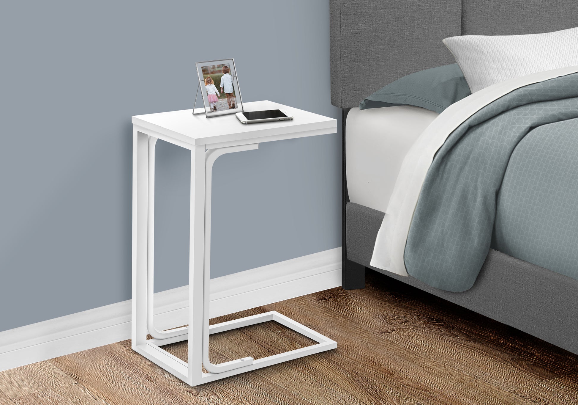 Accent Table, C Shaped, End, Side, Snack, Living Room, Bedroom, Contemporary, Modern White Mdf