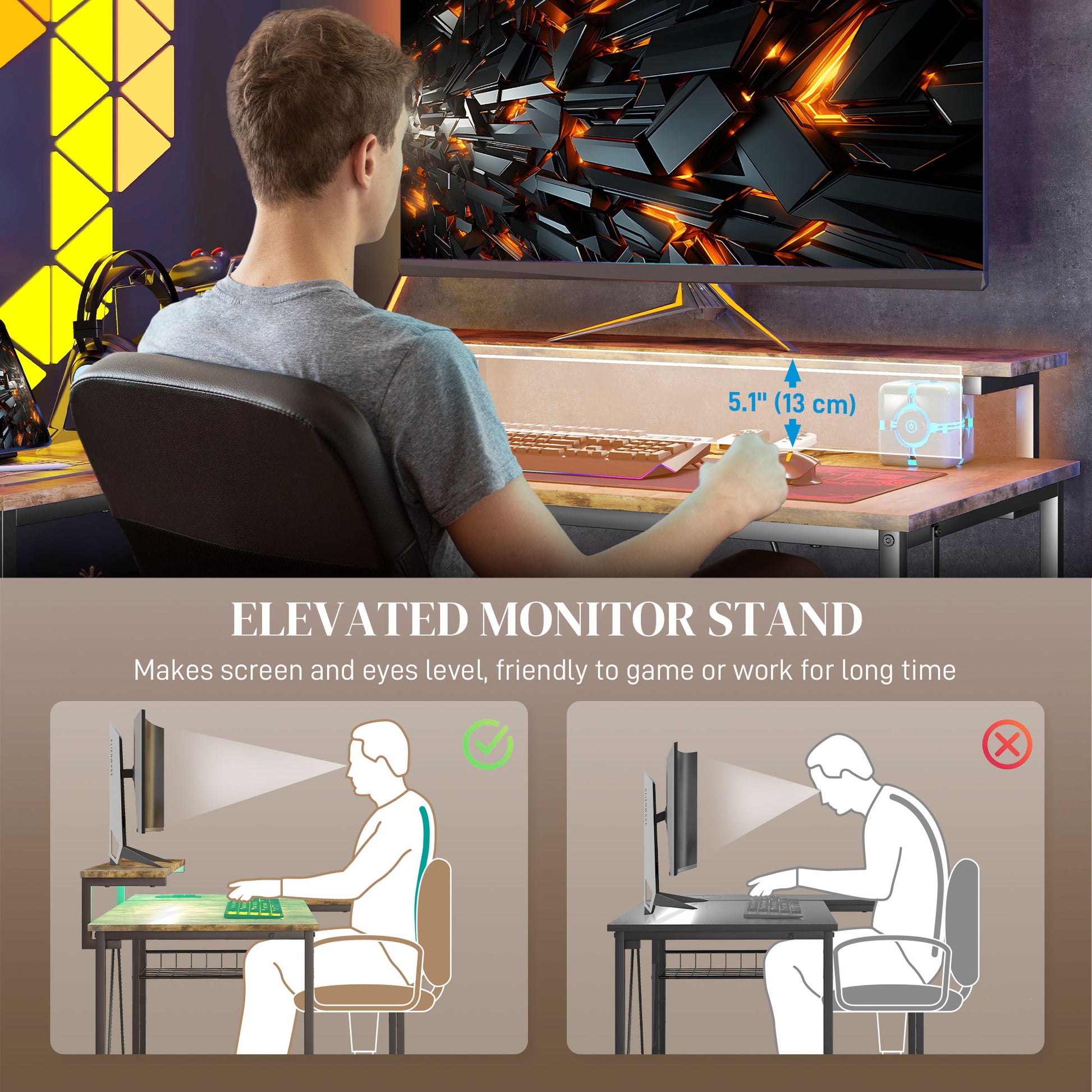 Homcom 42" L Shaped Desk With Led Lights, Power Outlet, Usb Charging Ports, Reversible L Shaped Computer Desk With Storage Shelves, Monitor Stand, Corner Gaming Desk For Home Office, Rustic Brown