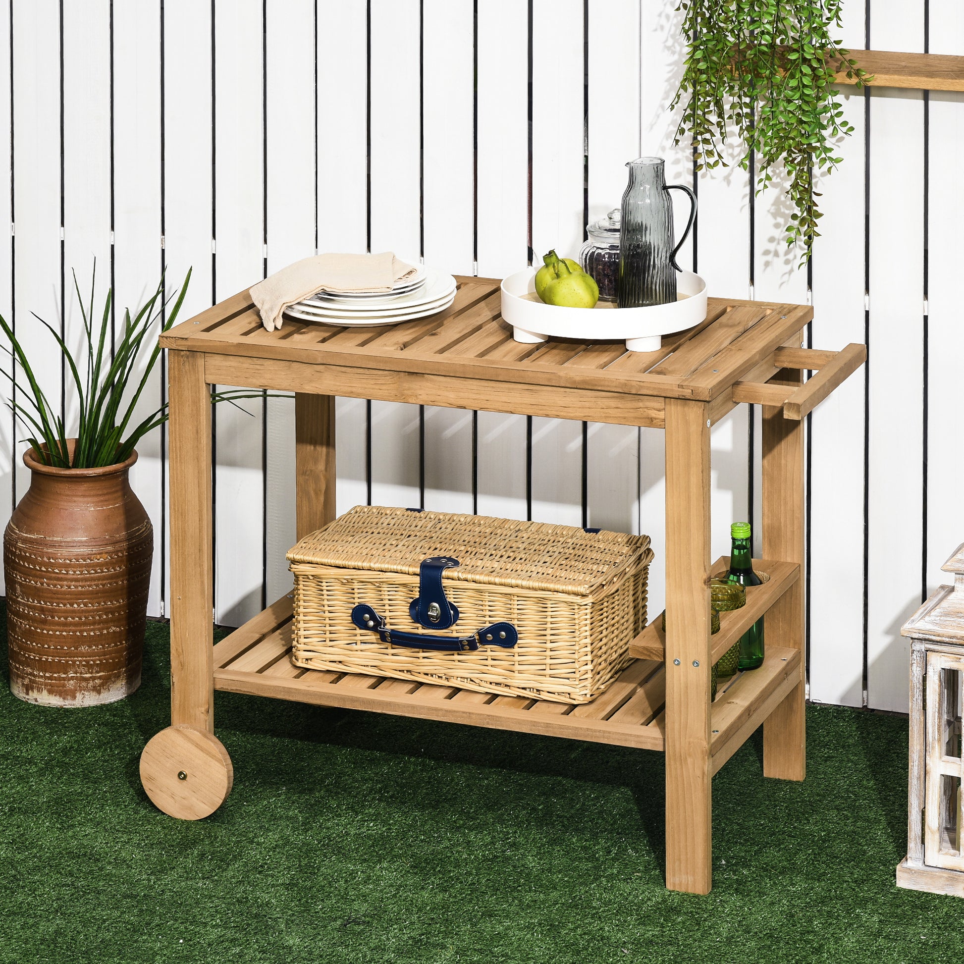 Outsunny Outdoor Bar Cart, Wood Rolling Home Bar & Serving Cart With 2 Shelves, Wine Bottle Holders For Garden, Dining Room, Natural Natural Wood