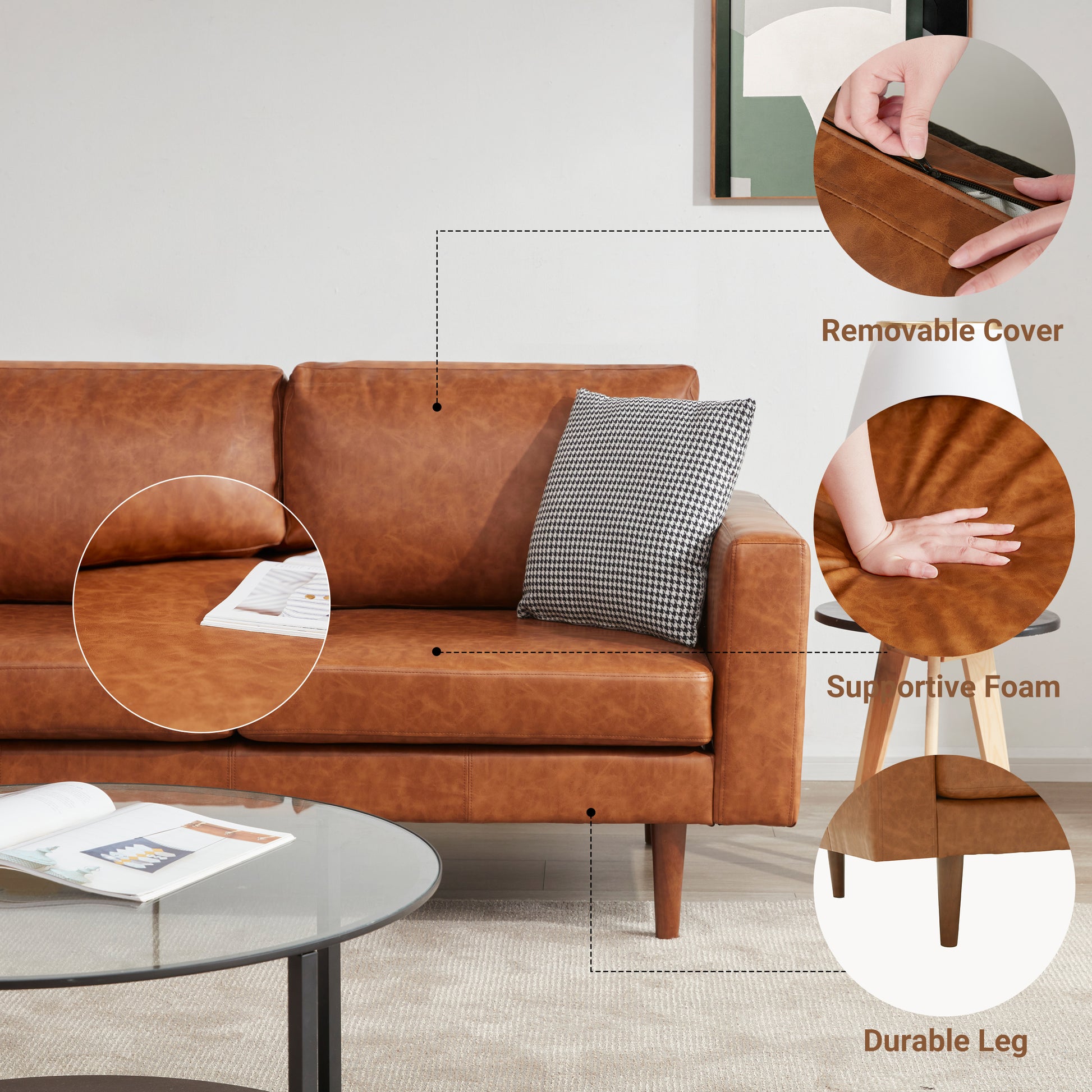 65'' Faux Leather Sofas For Living Room, Brown Couch Loveseat Small Spaces Bedroom With Solid Wooden Frame And Padded Cushion, Mid Century Modern Decor Beautiful Seats Furniture, Brown Brown Wood