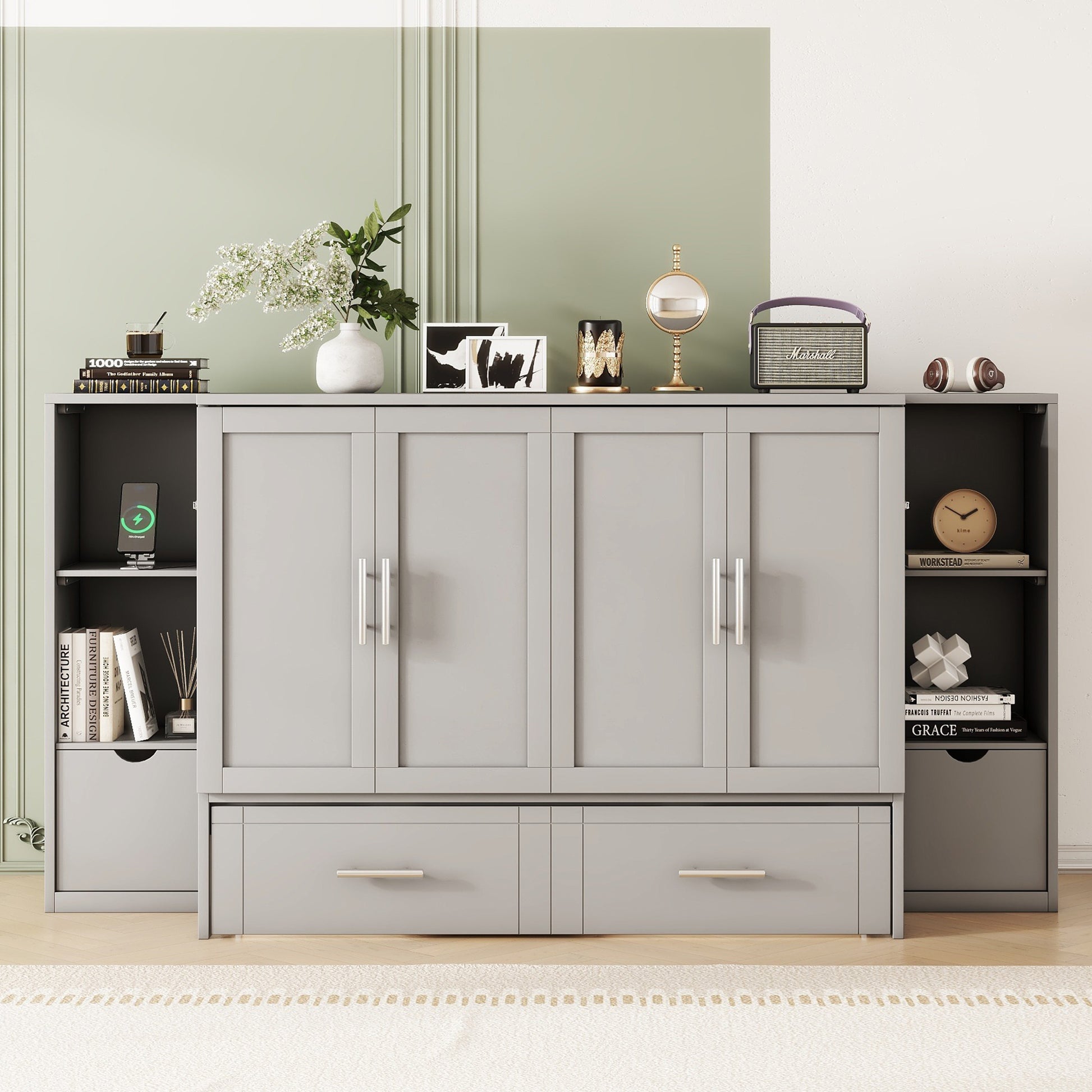 Full Size Murphy Bed With Shelves, Drawers And Usb Ports,Gray Gray Mdf Lvl