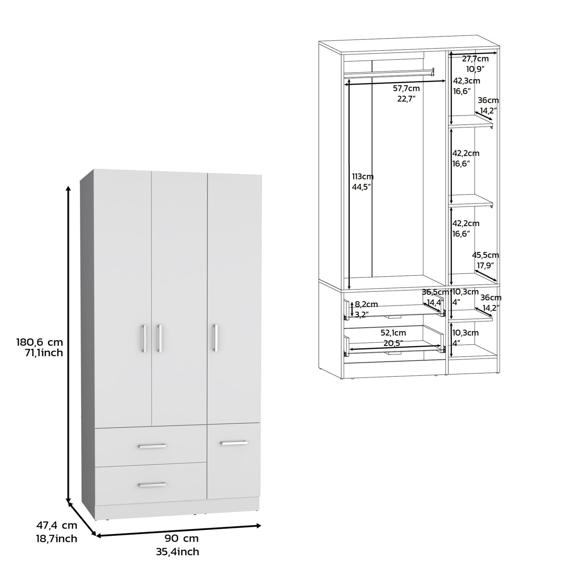 Armoire Wardrove 71", 4 Doors, Hanging Rod, 3 Cabinets, 6 Shelves, White White Solid Wood Mdf Engineered Wood