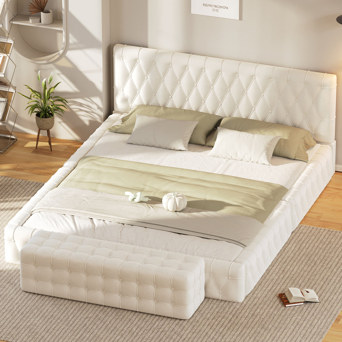 2 Pieces Bedroom Sets Queen Size Upholstered Bed With Rectangular Upholstered Ottoman For Bedroom,White Queen White 2 Piece Set Solid Wood Mdf