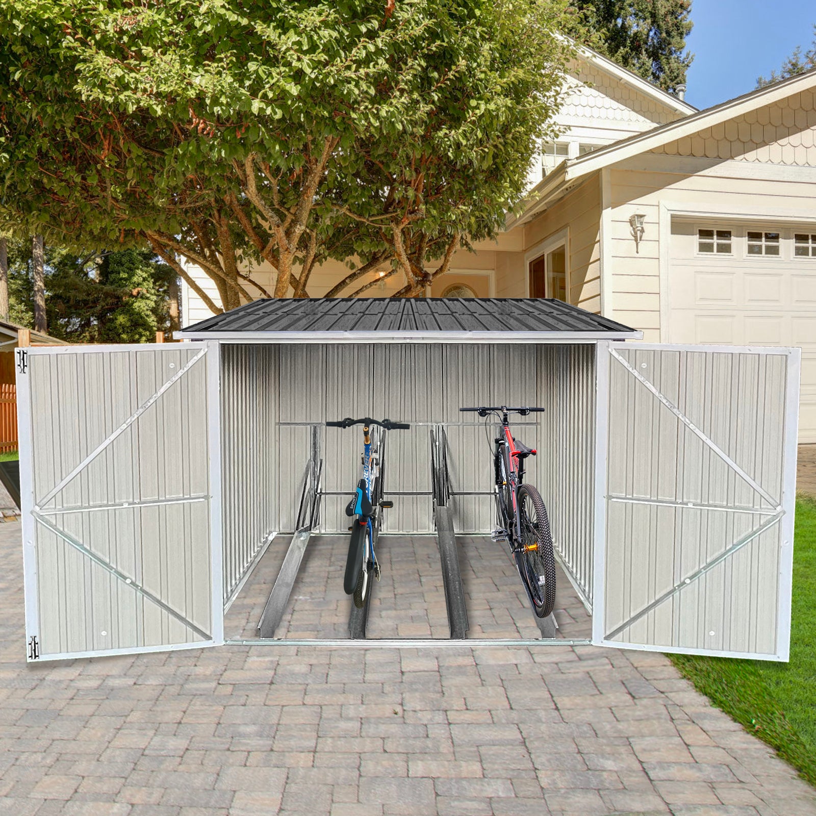 Bicycle Outdoor Steel Storage Shed ,Stores 4 Bikes,Grey Grey Ash Metal