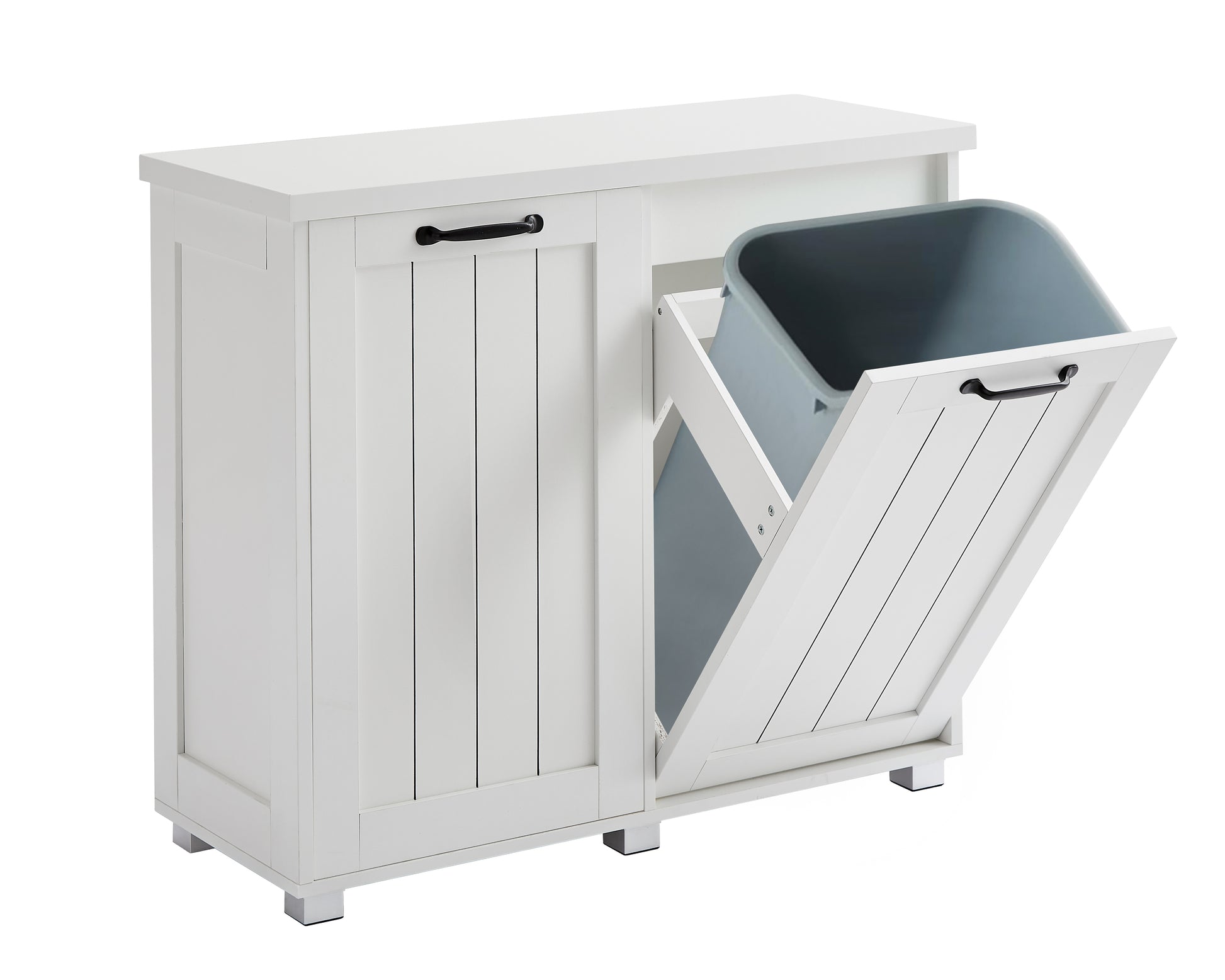 Two Compartment Tilt Out Trash Cabinet, Pet Proof Kitchen Trash Cabinet With Cutting Board, Free Standing Laundry Sorter Cabinet, Laundry Hamper, White White White Particle Board