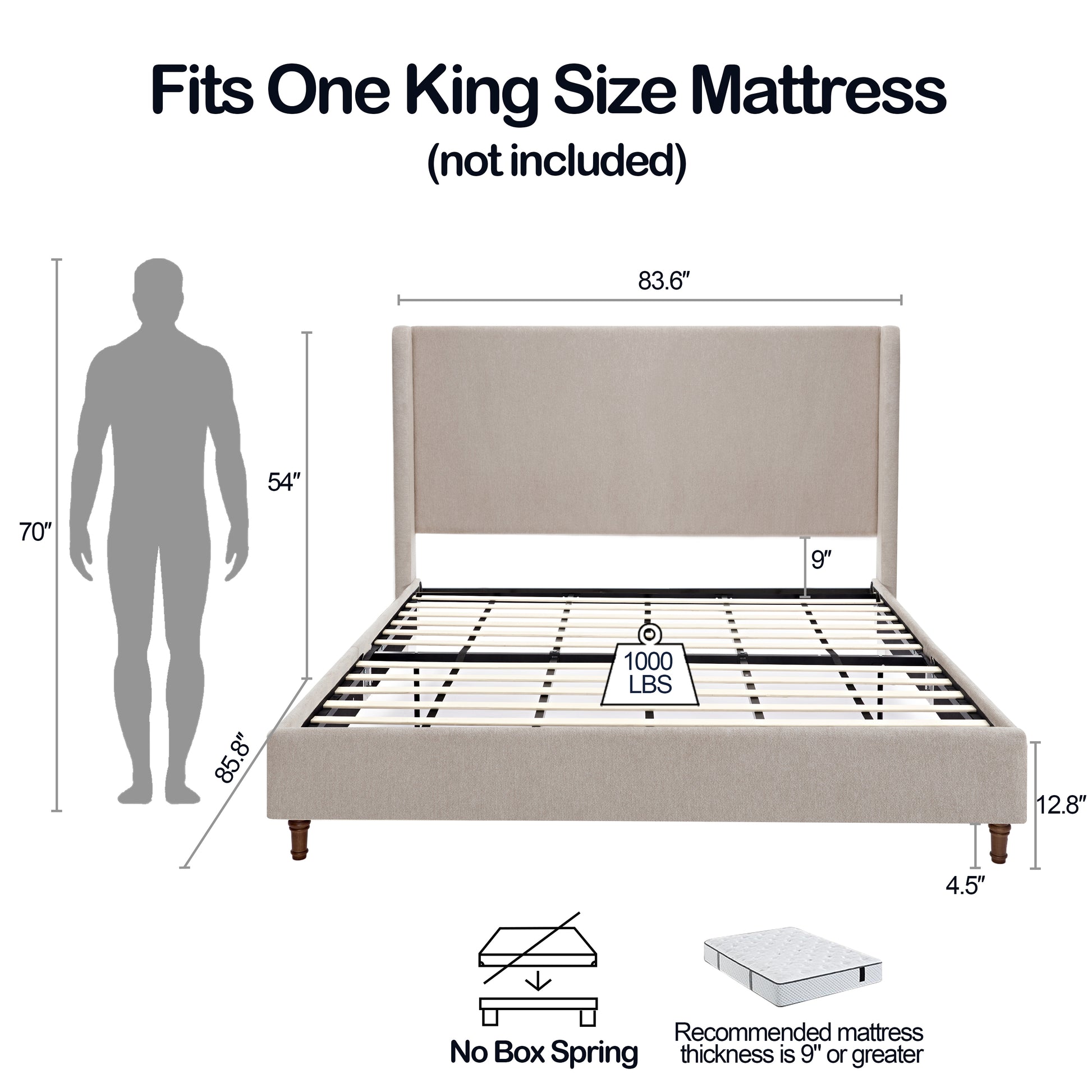 Harper Tall Headboard Upholstered Bed 54" High Headboard Elegant Simplicity No Box Spring Needed Easy Assembly King Light Brown Chenille Box Spring Not Required King Light Brown Metal Brown Bedroom