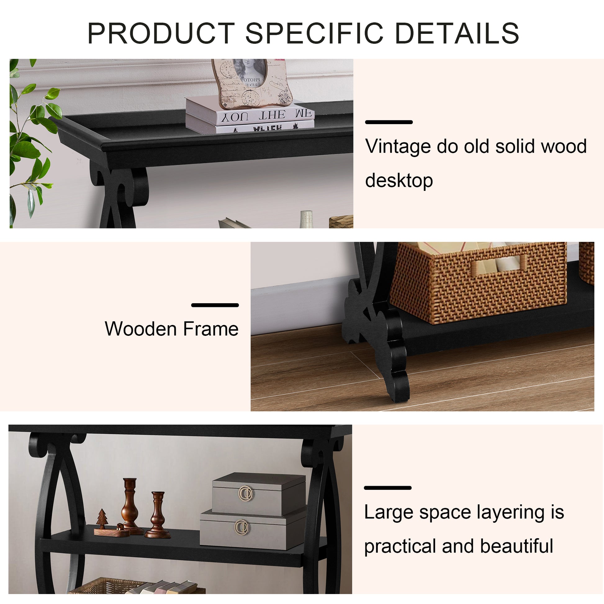 Newport Console Table For Living Room,Kitchen,Entyway Black Antique Black Desk Top Primary Living Space Floor Mount Open Storage Console Tables Lacquered Solid Wood Mdf Mdf
