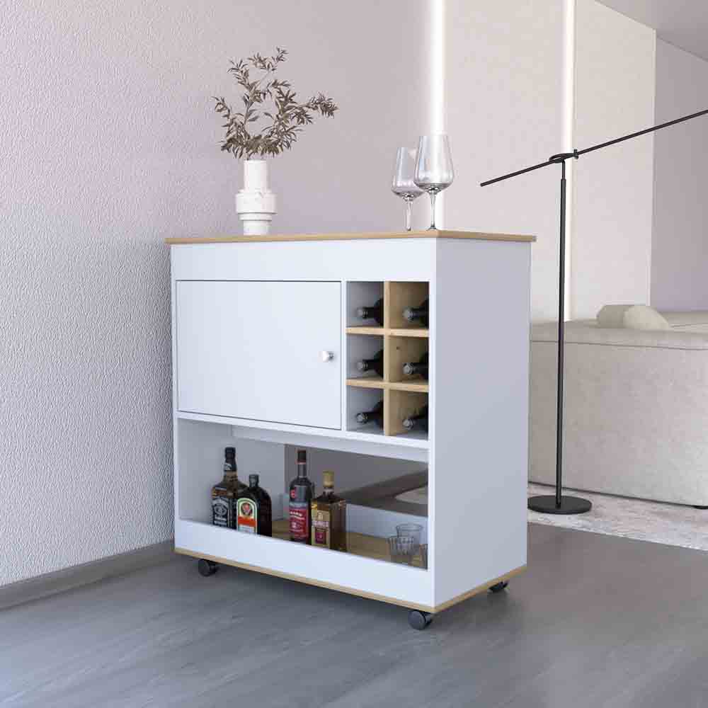 37" H Light Oak White Bar Coffee Cart, Kitchen Or Living Room Cabinet, With 4 Wheels, Central Storage With 2 Doors, Division For 6 Bottles And A Shelf With A Wooden Front On The Bottom. Multicolor