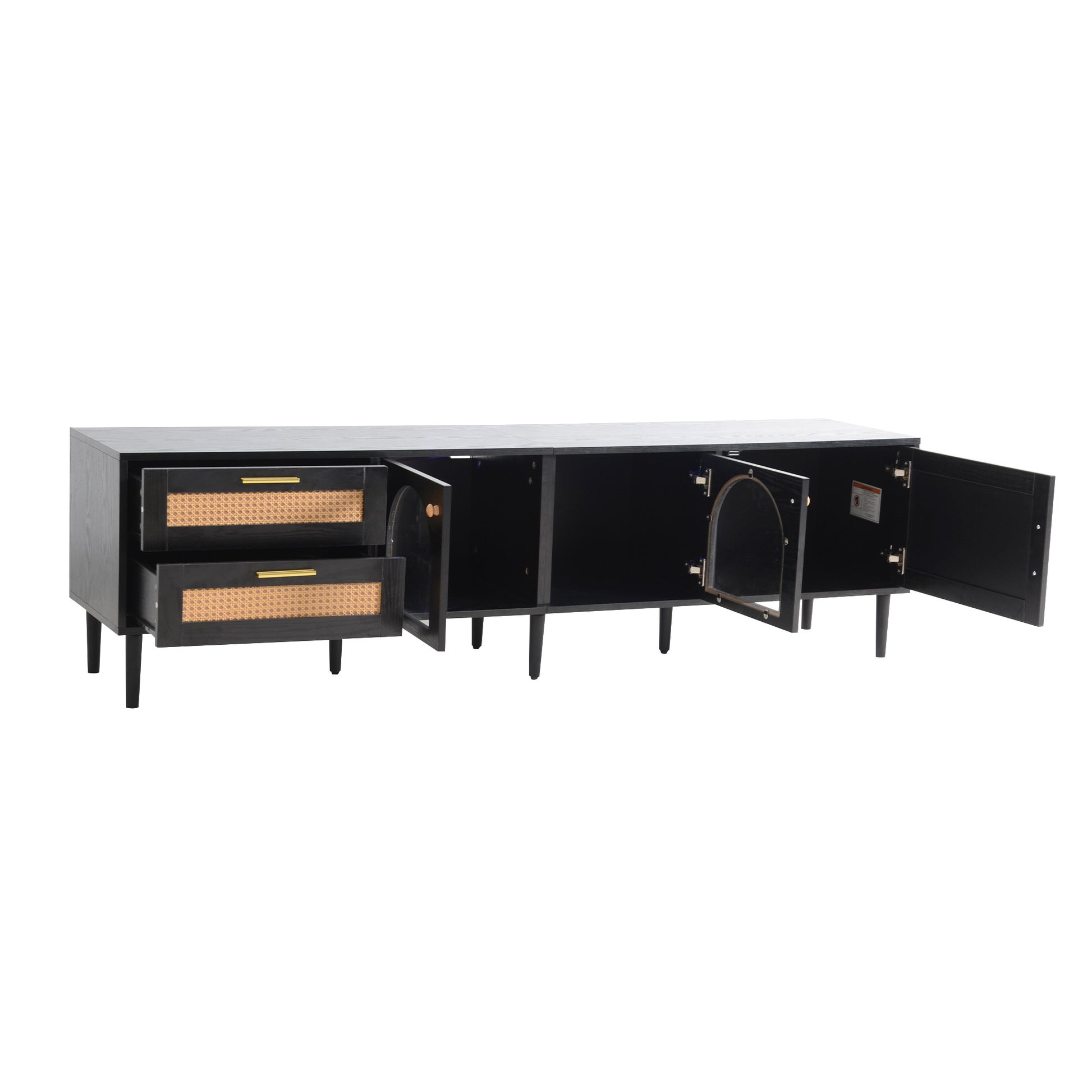 Rattan Tv Stand With 3 Cabinets & 2 Drawers, Rattan Inspired Media Console Table For Tvs Up To 80'', Led Light Entertainment Center, Tv Cabinet For Living Room, Bedroom, Home Theatre Black Primary