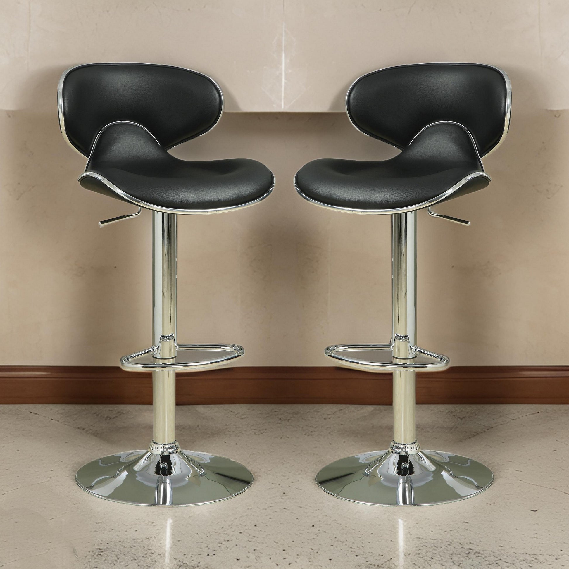 Swivel Adjustable Bar Stool, Black, Set Of 2 Black And Silver Fabric