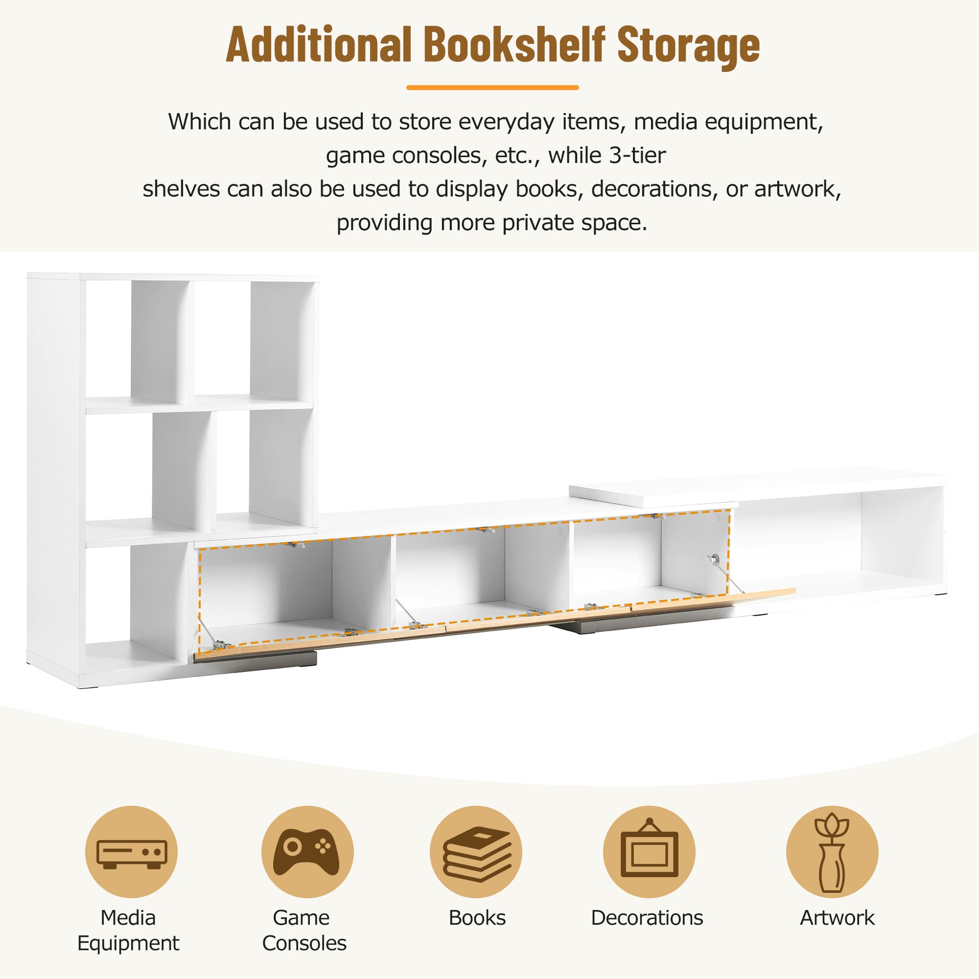 74.8'' 126'' Extendable Tv Stand With 3 Tier Bookshelves For Tvs Up To 110'', Adjustable Entertainment Center With Storage Cabinets, Sliding Tabletop Media Console For Living Room, White White Primary Living Space 90 Inches Or Larger Particle Board Mdf