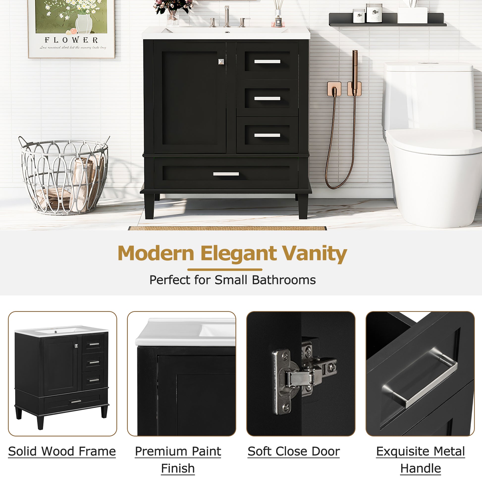 30" Bathroom Vanitymodern Bathroom Cabinet With Sink Combo Set, Bathroom Storage Cabinet With A Soft Closing Door And 3 Drawers, Solid Wood Frame Black Black Bathroom Solid Wood Mdf