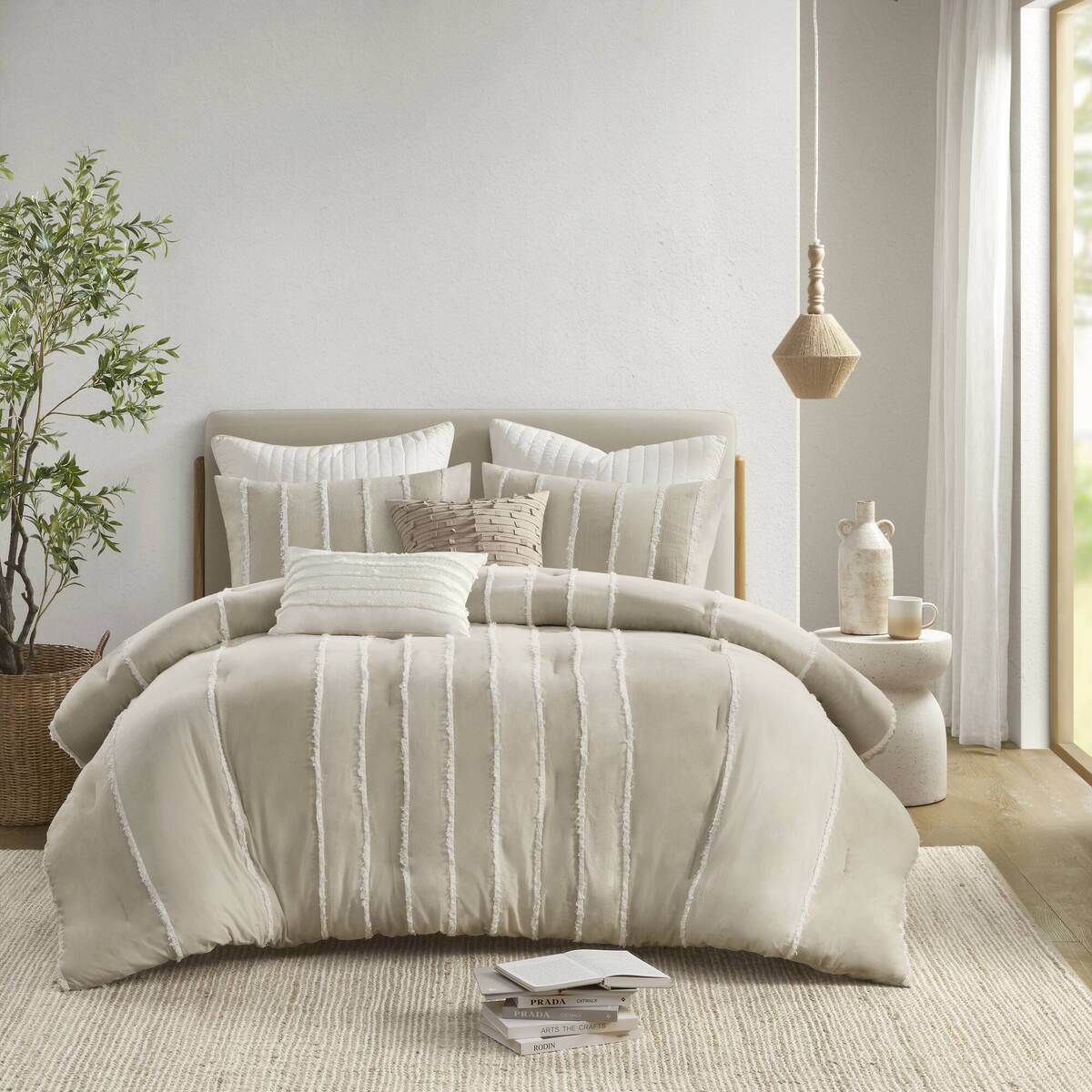 3 Piece Striped Cotton Comforter Set Taupe King Cal King Taupe Cotton