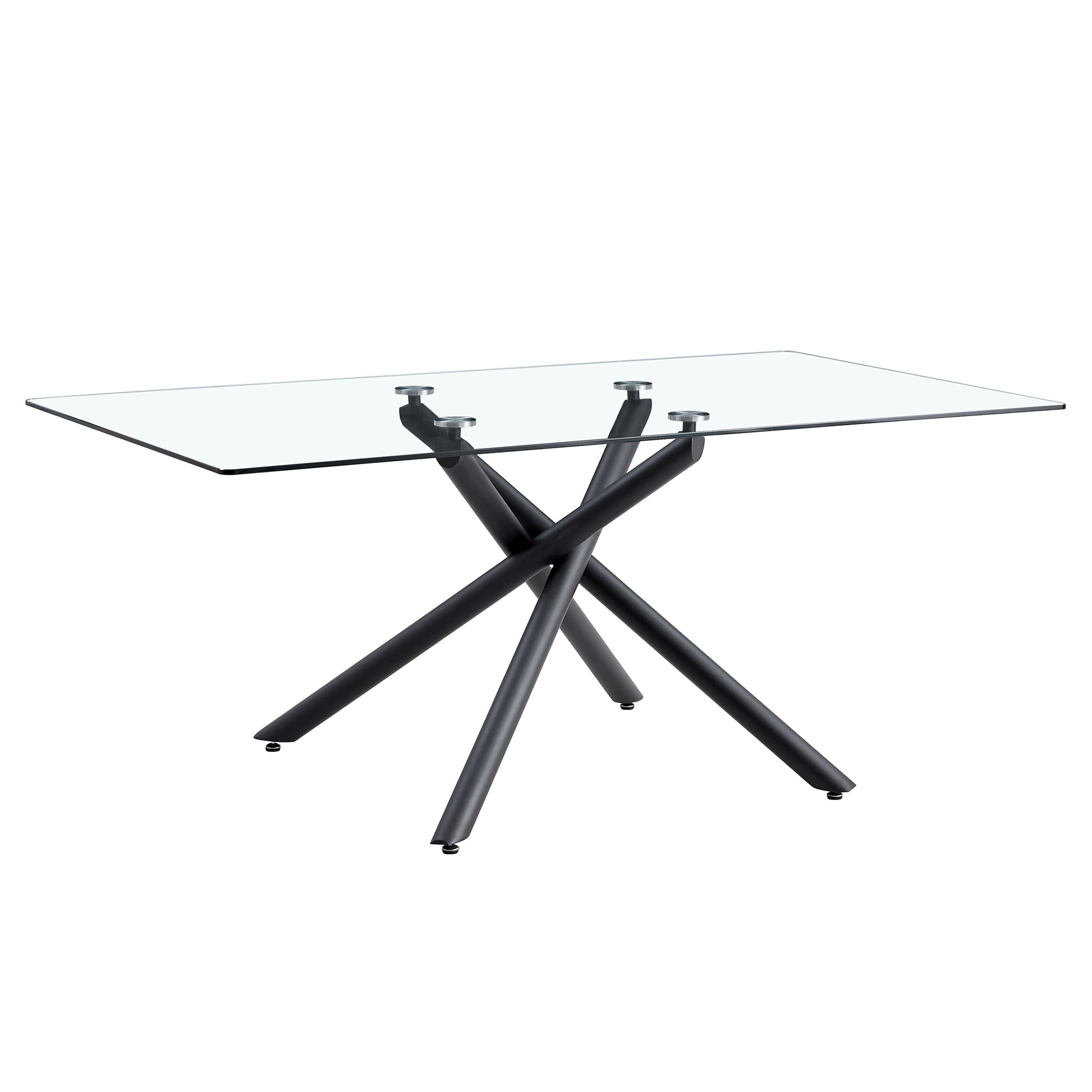 Large Modern Minimalist Rectangular Glass Dining Table For 6 8 With 0.39" Tempered Glass Tabletop And Black Color Metal Legs, For Kitchen Dining Living Meeting Room Banquet Hall Black Glass