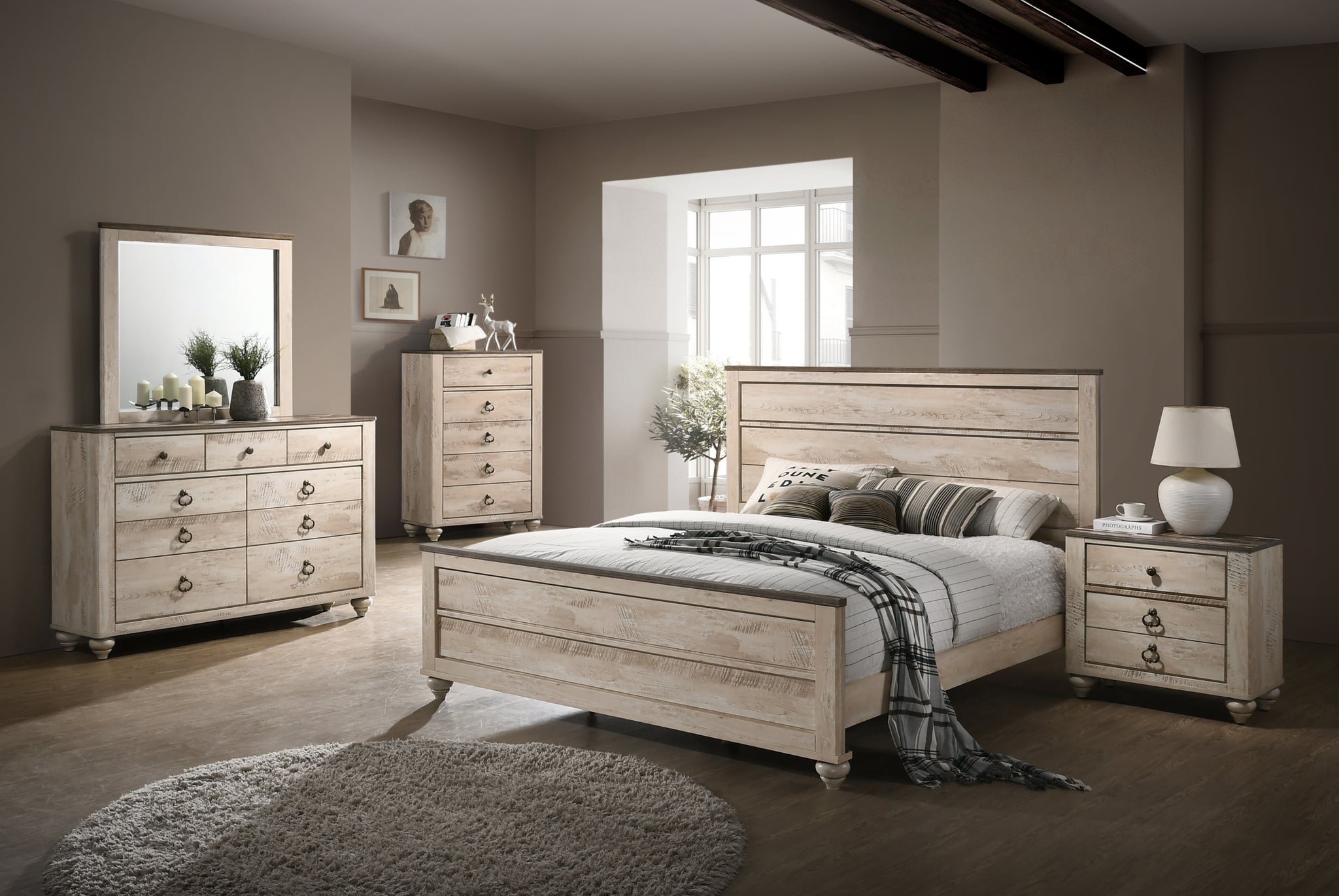 Imerland Contemporary White Wash Finish Bedroom Set, King Bed, Dresser, Mirror, Nightstand And Chest Box Spring Required King Walnut Brown Wood Light Brown 5 Piece Set Bedroom Bed Included,Chest Included,Dresser Included,Mirror Included,Nightstand