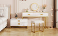 Modern Style Vanity Table With Movable Side Cabinet And 4 Drawers, Large Size Dressing Table With Mirror And 3 Colors Led Light, Makeup Table With Stool, White, Lden Legs Gold White 4 Drawers Mdf Metal
