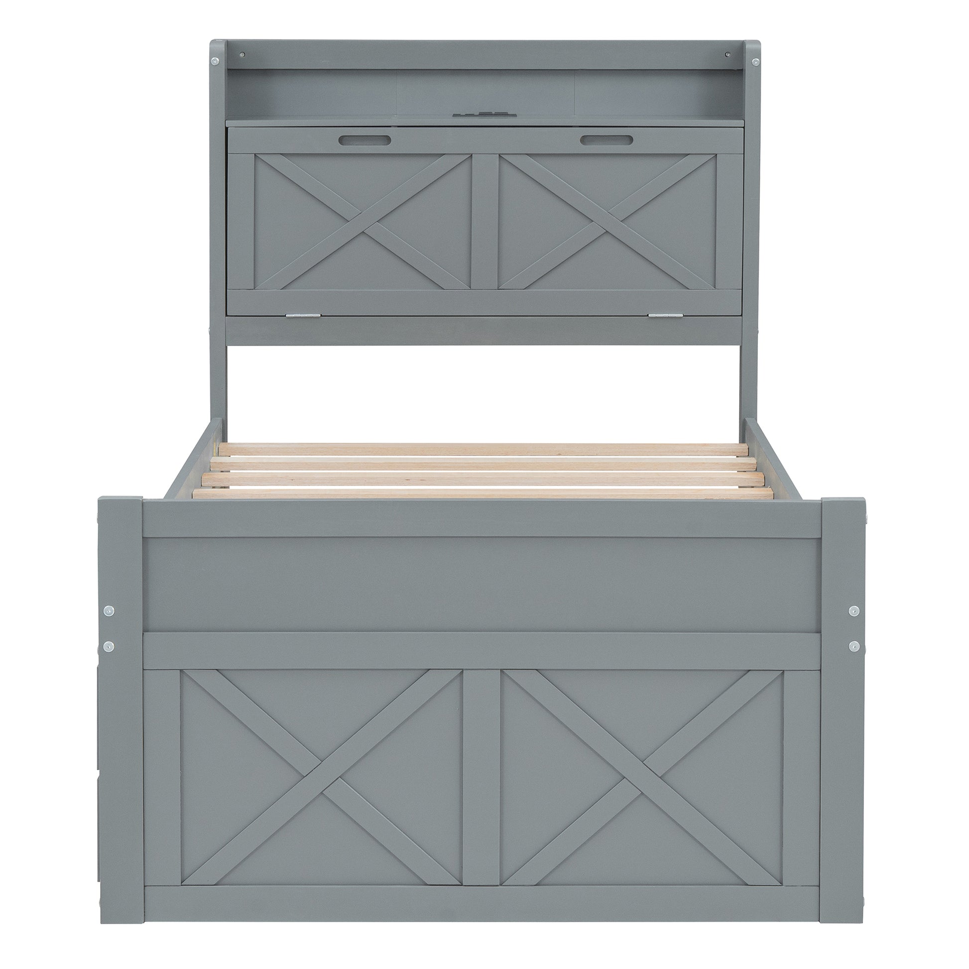 Twin Size Wooden Bed With Storage Headboard With Outlets, Extendable Bed With Twin Size Trundle With Three Storage Drawers,Gray Twin Gray Wood