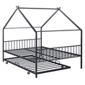 Full Size Metal House Bed With Twin Size Trundle, Black Full Black Metal