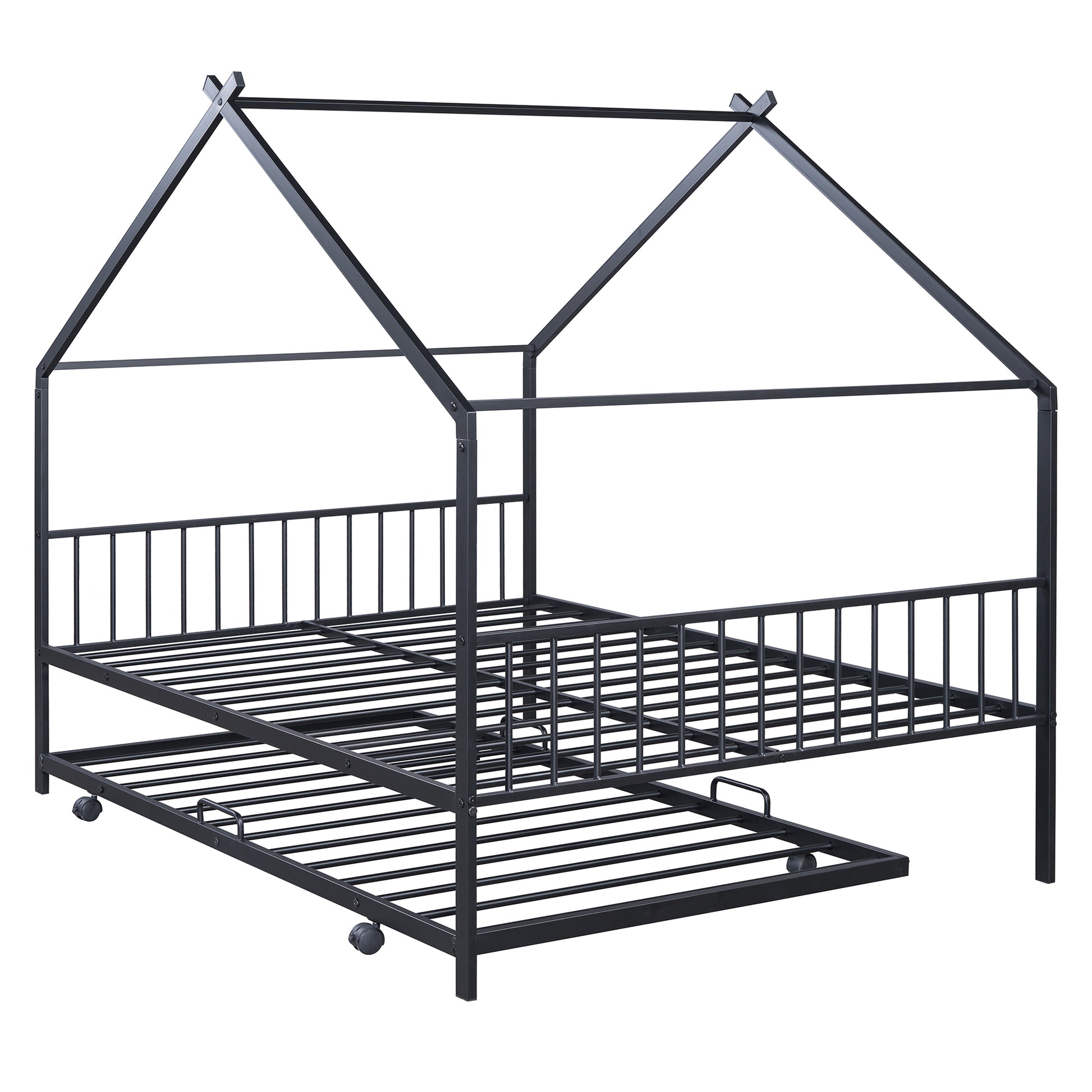 Full Size Metal House Bed With Twin Size Trundle, Black Full Black Metal