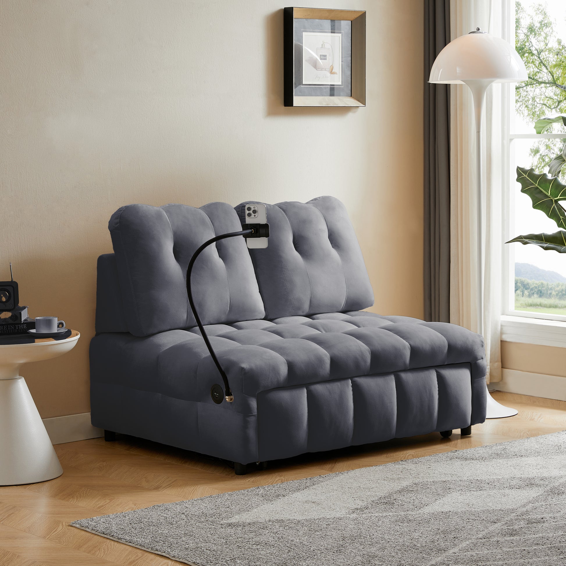 Modern Sofa Velvet Pull Out Bed,Independently Removable Backrest, Have Usb Port And Swivel Phone Stand ,Gray Gray Wood Velvet 2 Seat