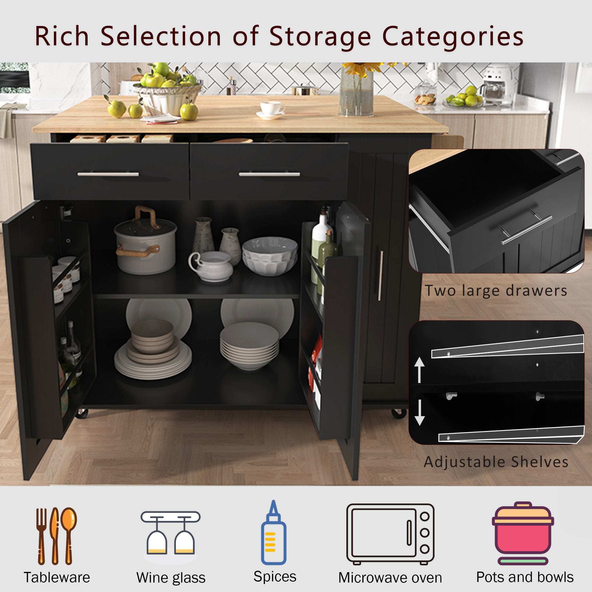 K&K Kitchen Island With Drop Leaf, Kitchen Storage Cart With 3 Tier Pull Out Cabinet Organizer, Internal Storage Rack, Rolling Kitchen Cart On Wheels With Towel Rack, 2 Drawers, For Kitchen, Black Black Brown Kitchen Classic,Farmhouse,Luxury,Modern