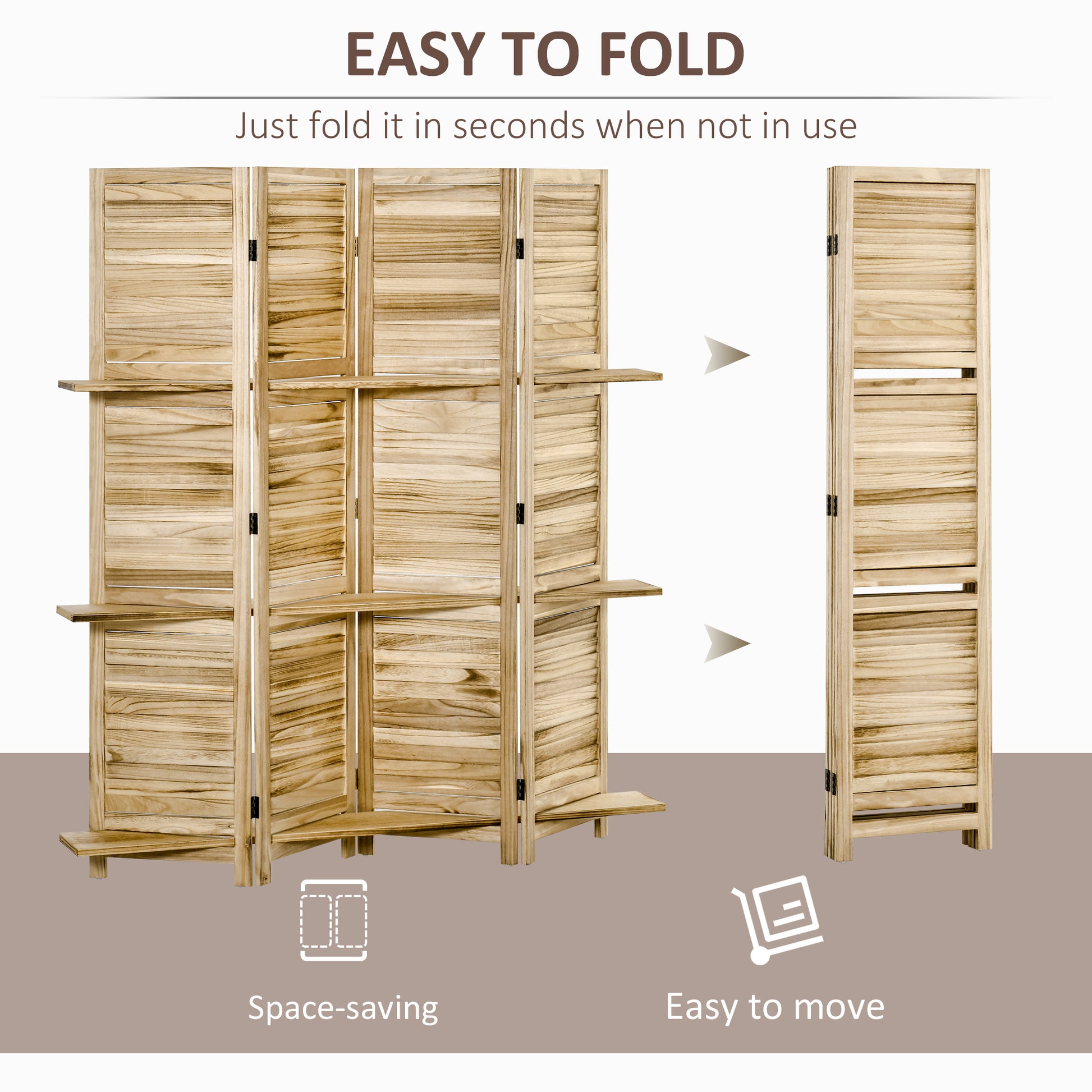 Homcom 4 Panel Folding Room Divider, 5.6 Ft Freestanding Paulownia Wood Privacy Screen Panel With Storage Shelves For Bedroom Or Office, Natural Wood Color Natural Wood Wood