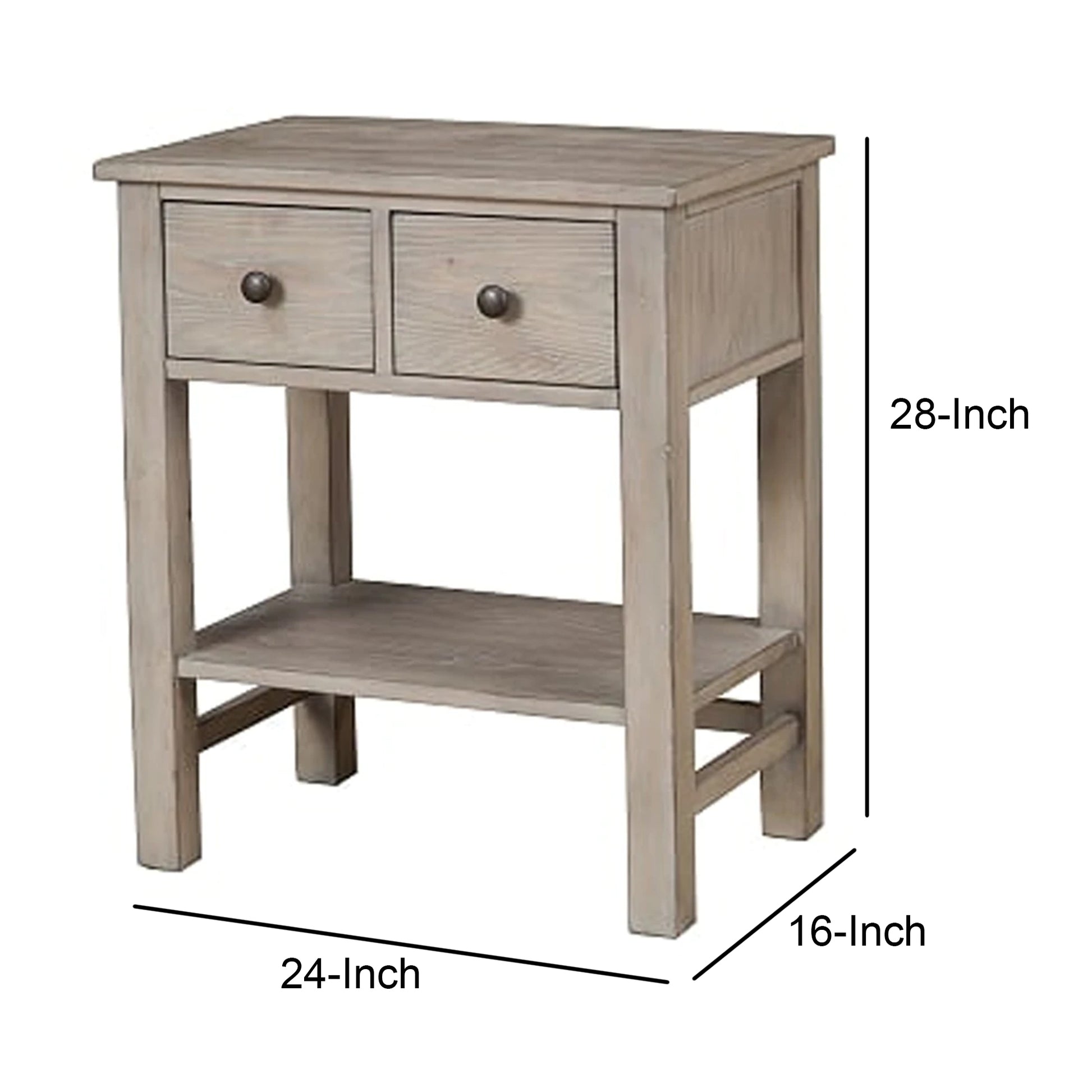 Transitional Nightstand With Two Drawers And Bottom Shelf, Gray Gray Wood