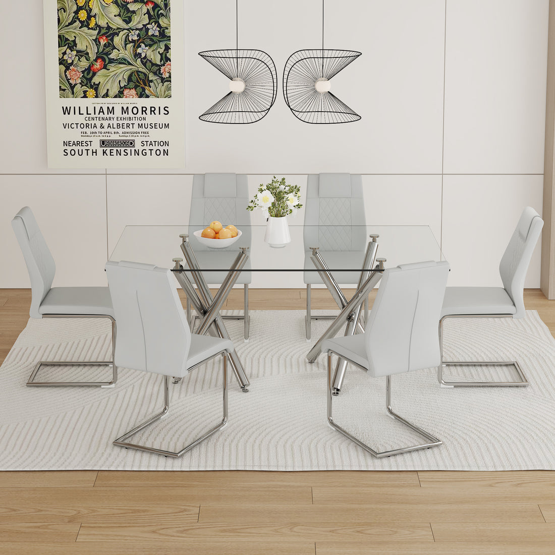 Table And Chair Set.Large Minimalist Rectangular Glass Dining Table For 6 8 With 0.39" Tempered Glass Tabletop And Silver Chrome Metal Legs.Paried With Comfortable Chairs With Pu Seats And Metal Legs. Silver Seats 6 Glass Metal