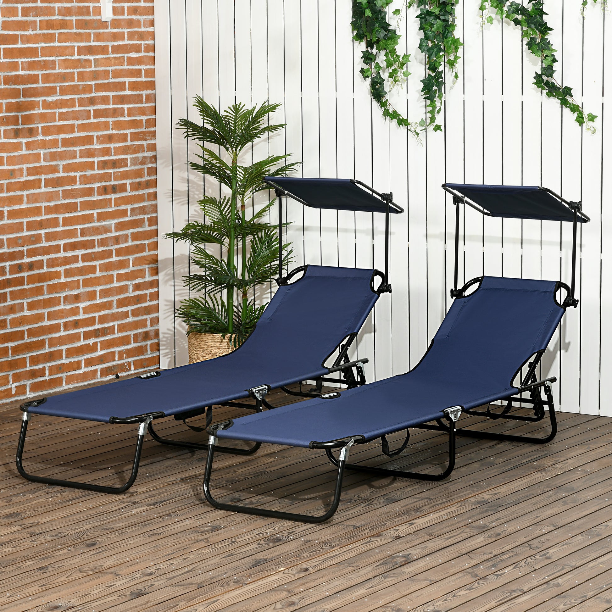 Outsunny Folding Chaise Lounge Pool Chairs, Outdoor Sun Tanning Chairs With Canopy Shade, Reclining Back, Steel Frame And Side Pocket For Beach, Yard, Patio, Dark Blue Dark Blue Steel