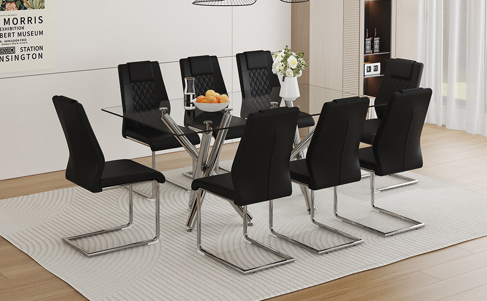 Table And Chair Set.Large Minimalist Rectangular Glass Dining Table For 6 8 With 0.39" Tempered Glass Tabletop And Silver Chrome Metal Legs.Paried With Comfortable Chairs With Pu Seats And Metal Legs. Silver Seats 8 Glass Metal