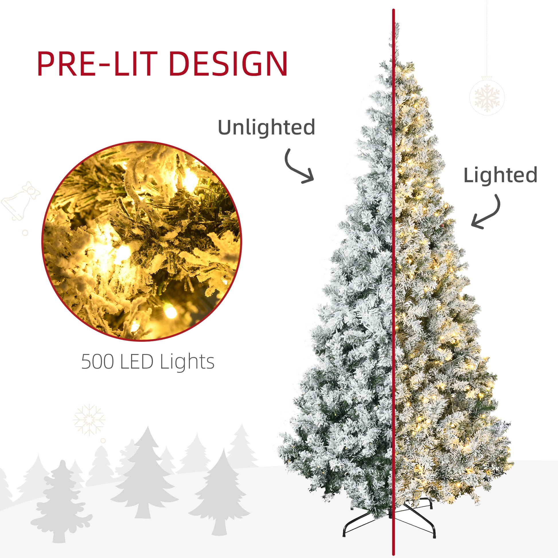 Homcom 7.5Ft Tall Prelit Artificial Christmas Tree Holiday D Cor With 1188 Snow Flocked Branches, 500 Warm White Led Lights, Auto Open, Green Green Plastic