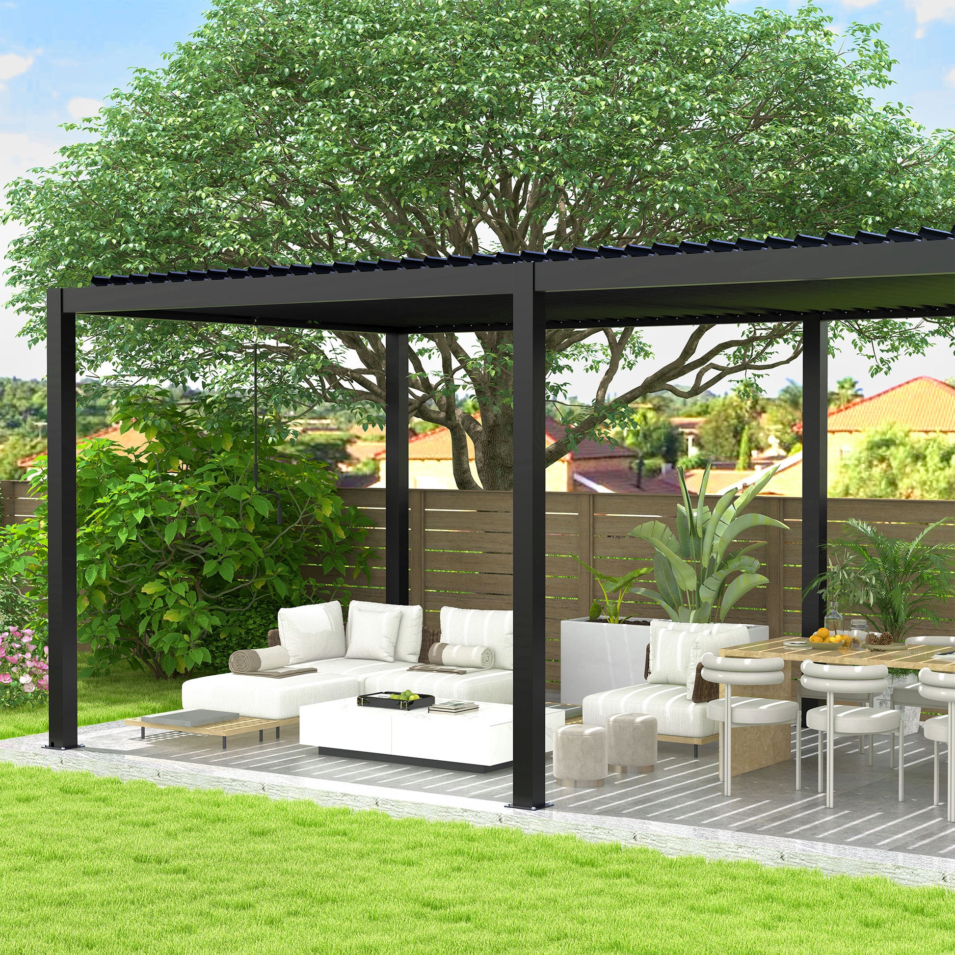 8640E Louver Pergola 10X19Ft Aluminum Frame & Steel Louvers Black Garden & Outdoor High Wind Resistant Gazebos Aluminum