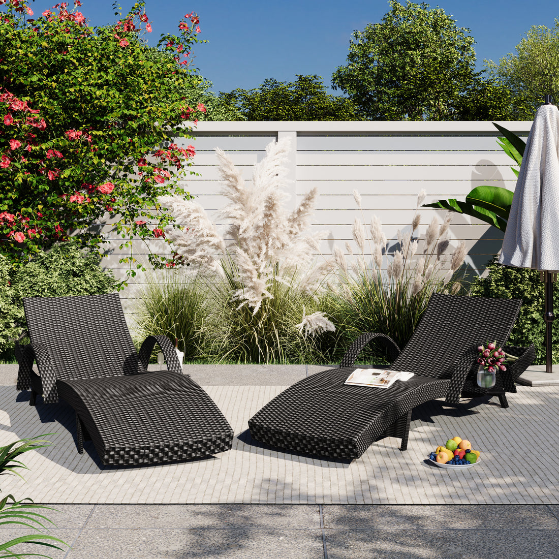 K&K 80'' Outdoor Wicker Chaise Lounge Chairs Set Of 2, Patio Rattan Reclining Chair Pull Out Side Table Adjustable Backrest Ergonomic Wave Design Pool Sunbathing Recliners, Black No Lounge Black