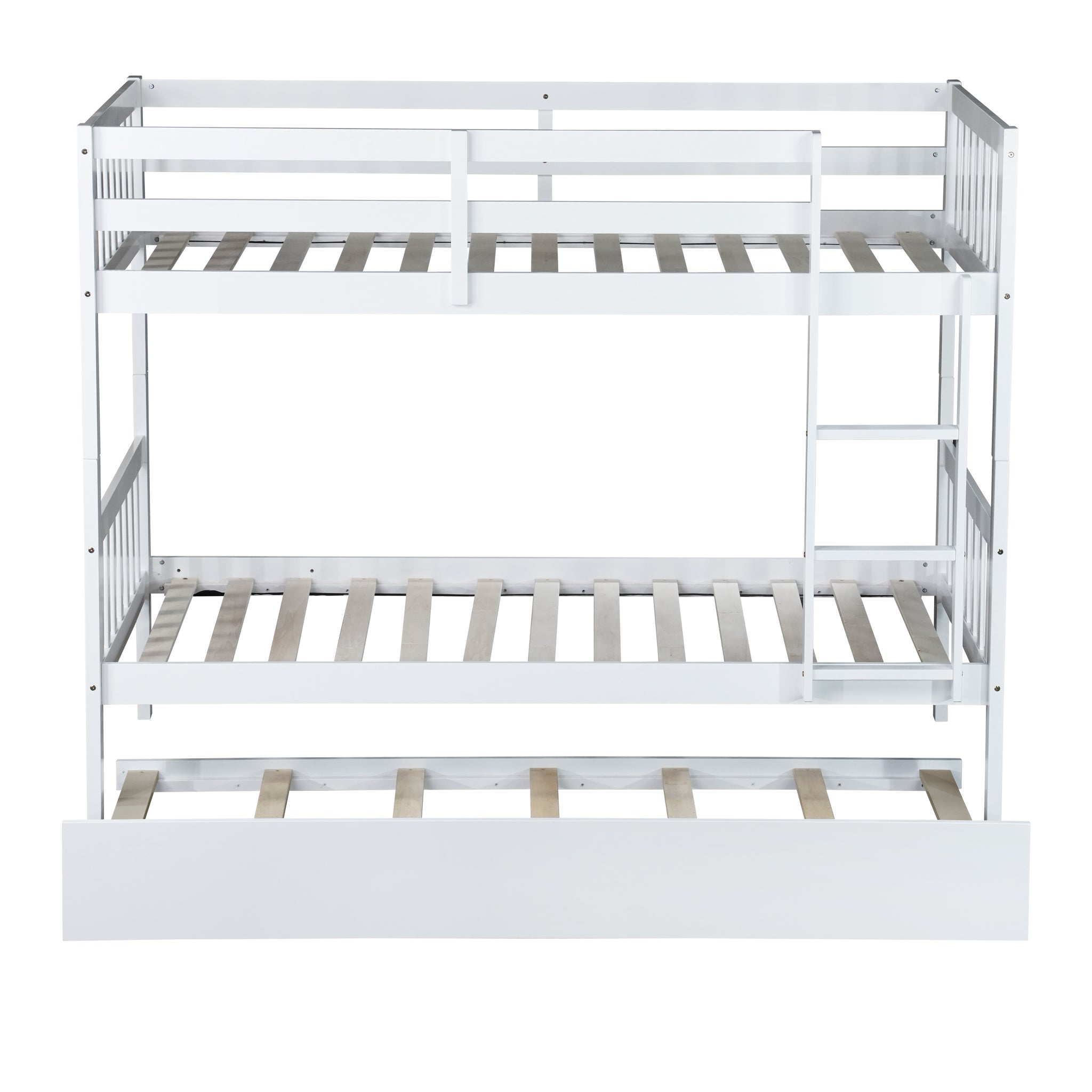 Twin Over Twin Rubber Wood Bunk Bed With Trundle, Convertible Into 2 Twin Size Beds, Twin Size Bunk Bed With Ladder And Safety Guardrails, White Twin White Rubber Wood