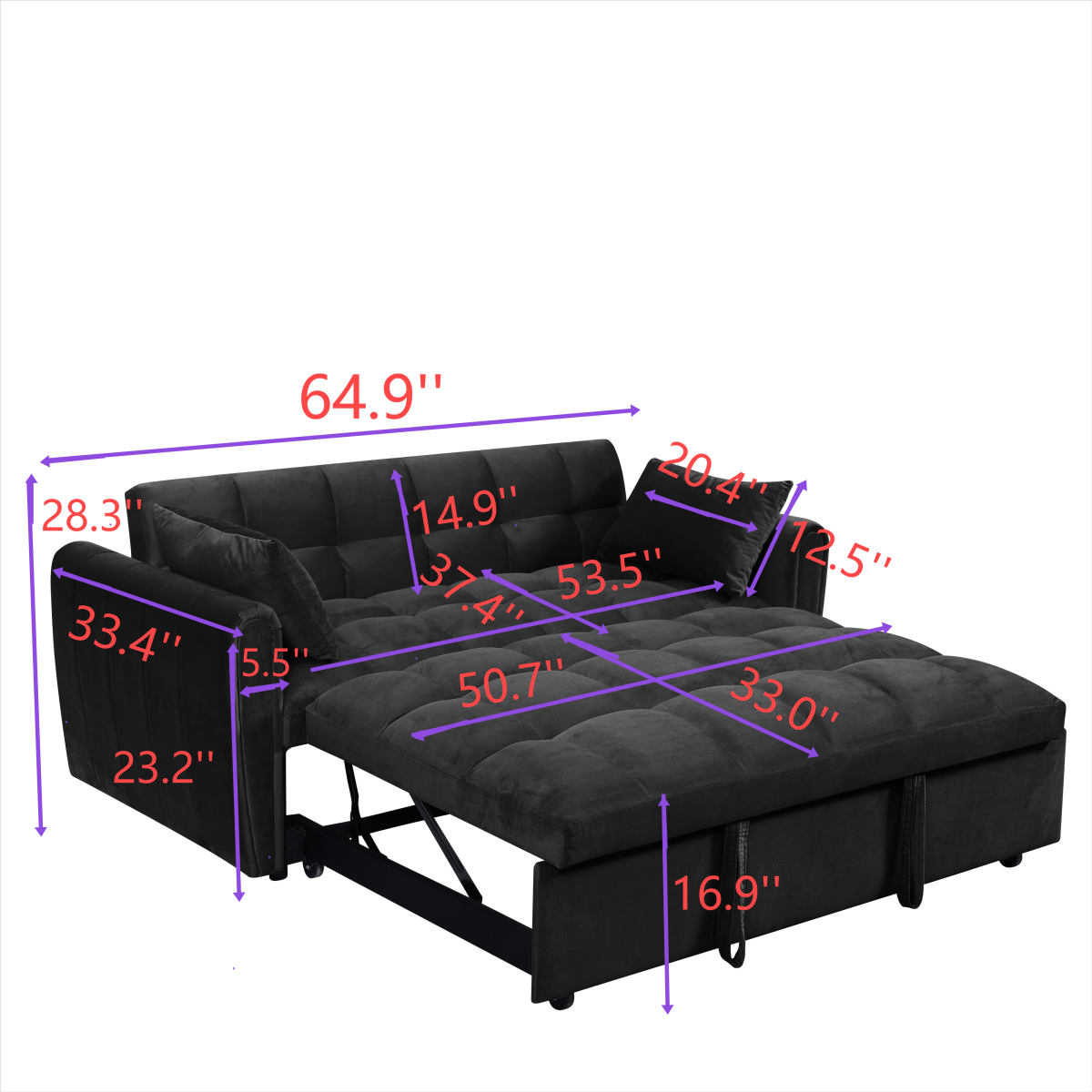 64.9 "3 In 1 Foldable Large Size Sofa Bed, Modern Velvet Double Sofa, Sofa Bed With Adjustable Back, Storage Bag And Pillow, Suitable For Living Room, Bedroom Biack Light Brown Wood Primary Living