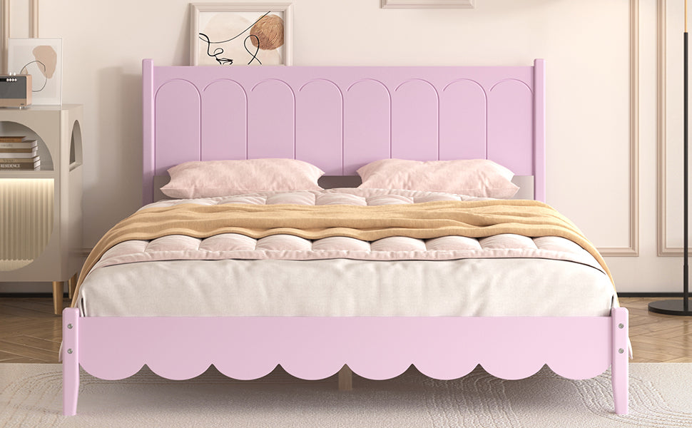 Queen Size Wood Platform Bed Frame, Retro Style Bed With Rectangular Headboard,No Need Box Spring,Pink Queen Pink Wood