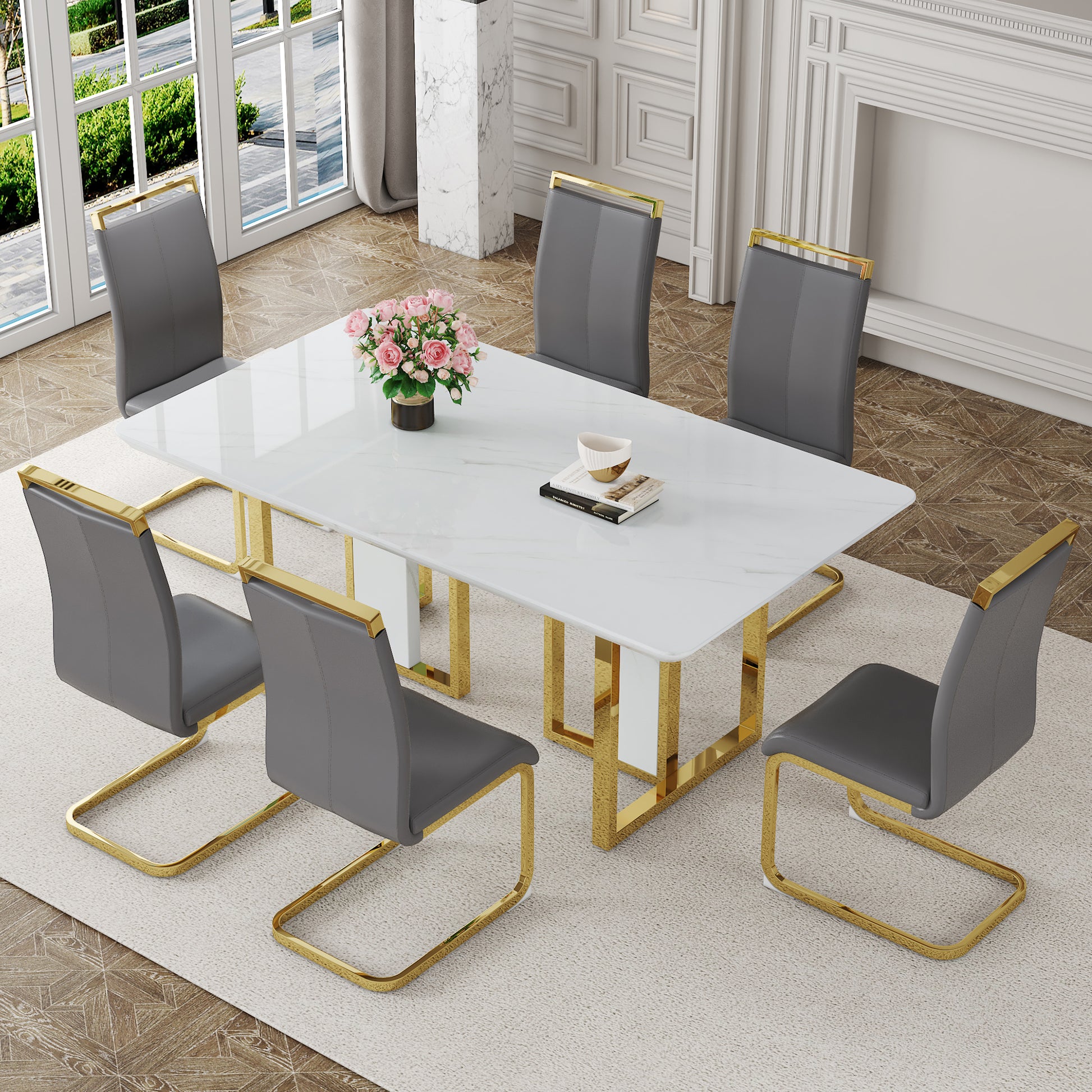 Table And Chair Set.67"X36" White Marble Pattern Mdf Dining Table Set With 6 Dark Gray Pu Chairs.Mdf Sticker,White Marble Pattern Sticker,Gold C Tube Chair Legs,Suitable For Kitchen,Dining Room,Etc.