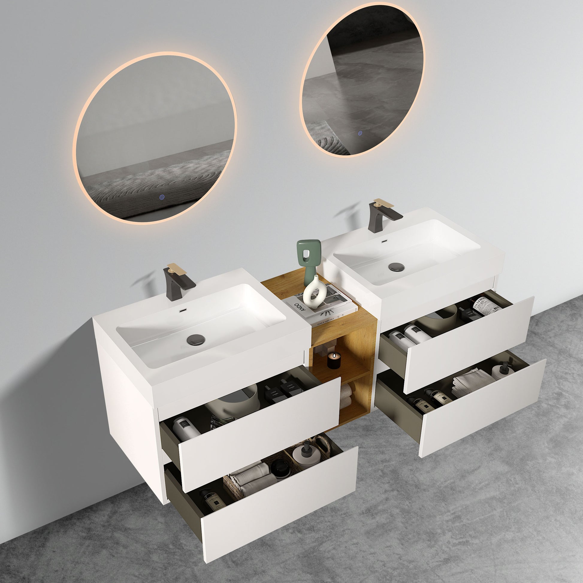 U063 Alice72W 201 Alice 72" White Bathroom Vanity With Double Sinks And Open Shelf, Modern Wall Mounted Floating Bathroom Vanity, One Piece Sink Basin Without Drain And Faucet White Bathroom Modern Mdf Mdf