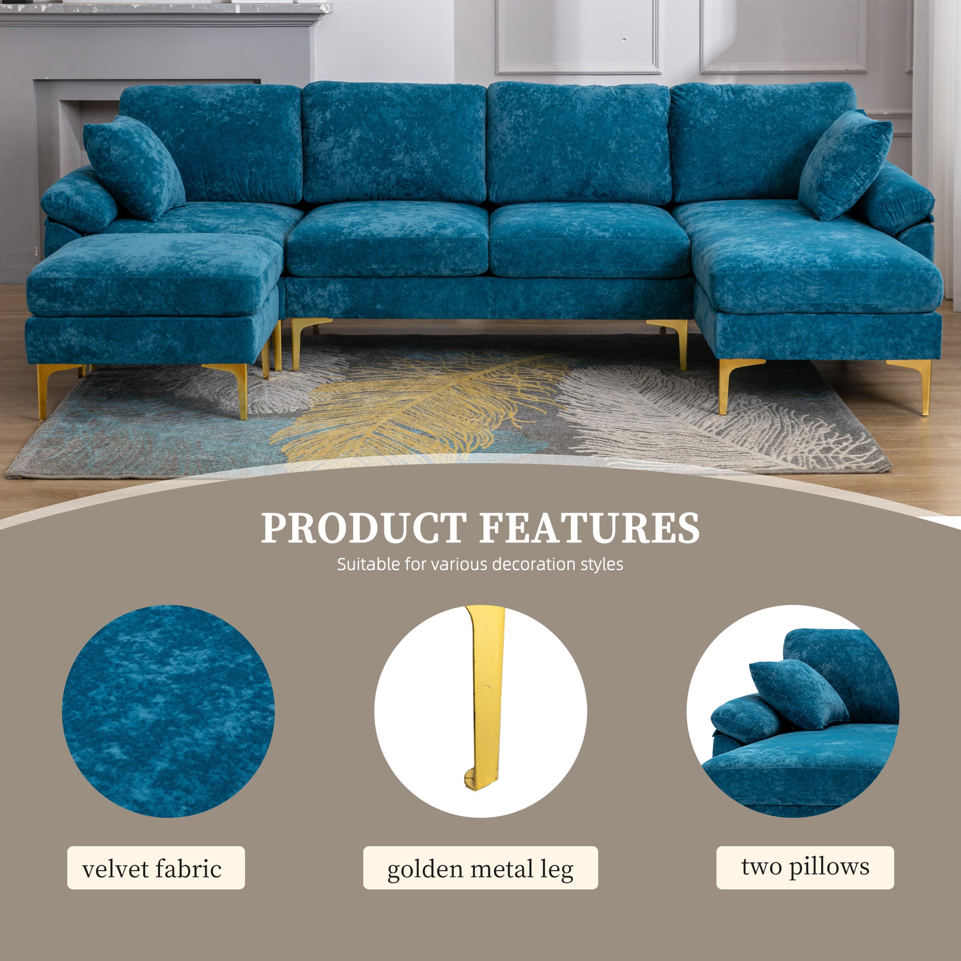 Coolmore U Shape Sectional Sofa With Ottomanreversible Sofa Couch For Living Room,Spacious Furniture,Durable Couch Removable And Machine Washable Cover Light Blue Velvet Light Blue Primary Living Space Foam Velvet 4 Seat