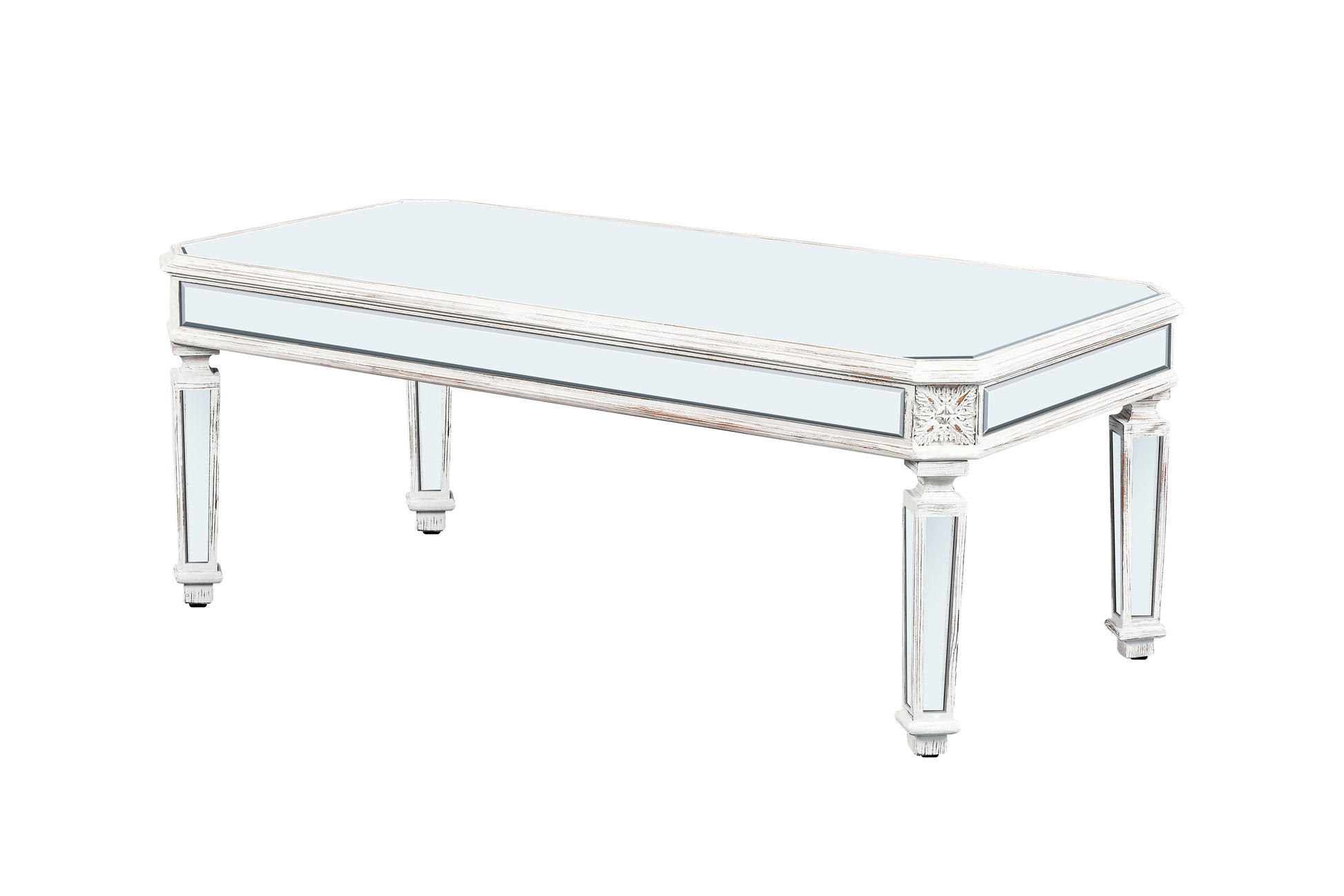 Silver Mirrored Coffee Table, Vintage Carved Elements, Rectangle Glass Tea Table With Mirrored Finish, Modern Center Table For Living Room And Office 24" D X 48" W X 18" H Oak Silver White Mirrored