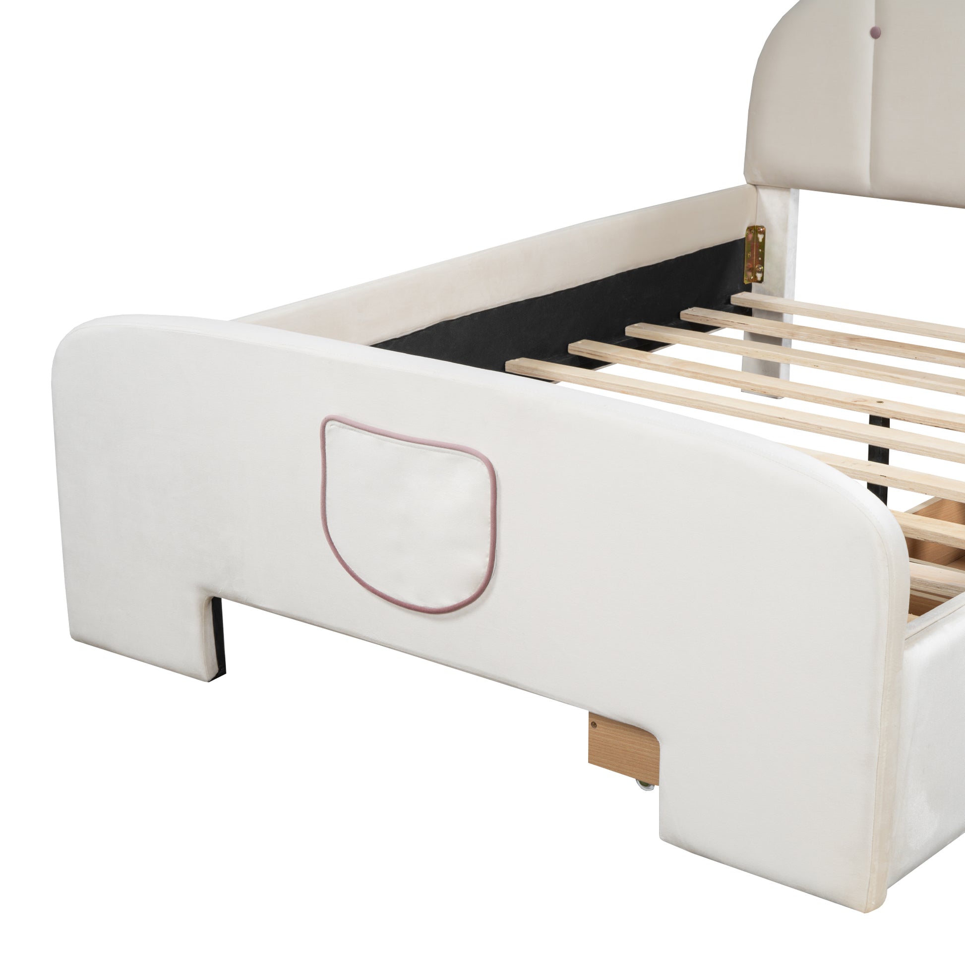 Full Size Velvet Platform Bed With Rabbit Shaped Headboard, With Drawers, With Bed End Storage Pocket, Beige Full Beige Plywood