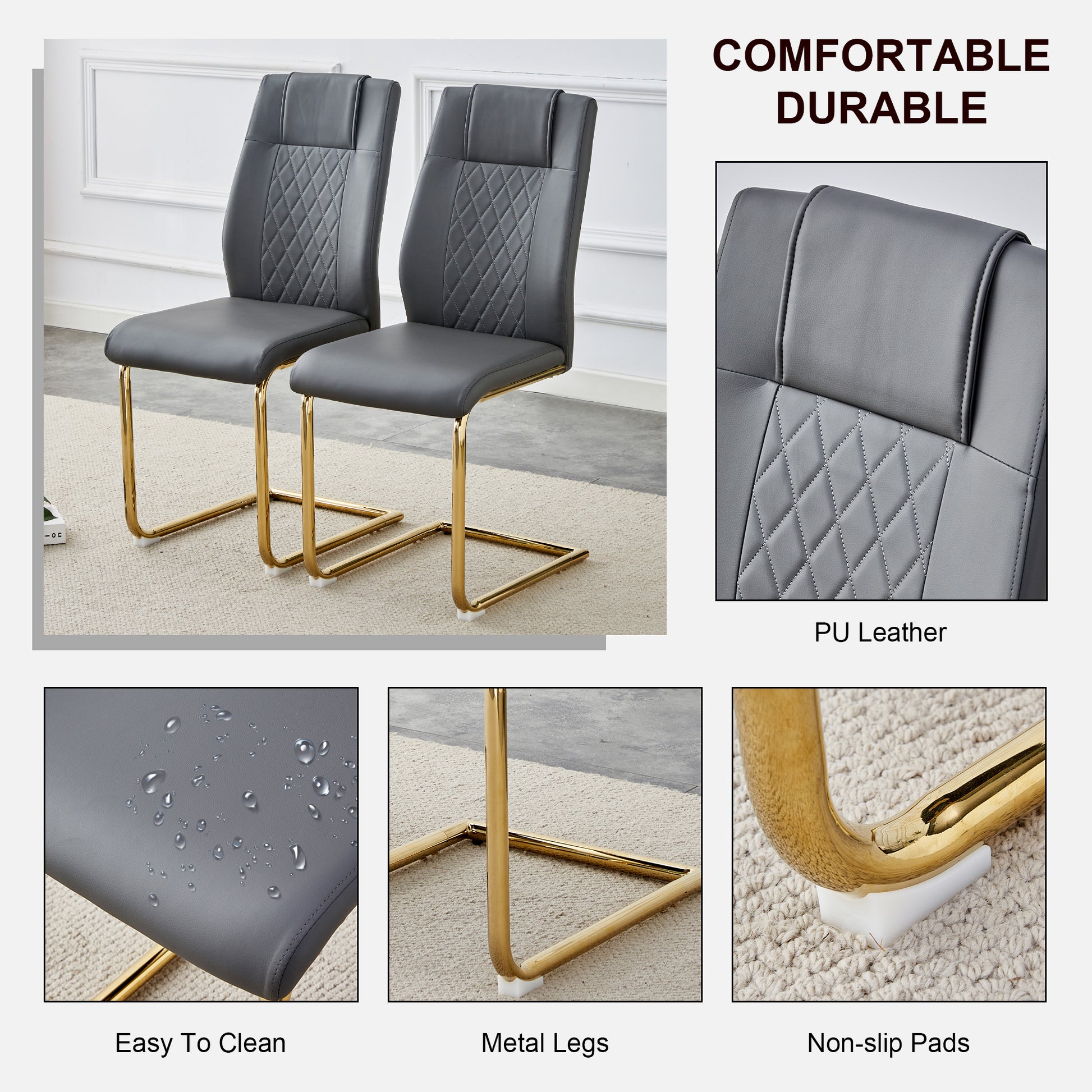 Table And Chair Set, Modern And Minimalist Dining Table, Imitation Marble Patterned Tabletop, Mdf Legs With U Shaped Brackets. Paired With Comfortable Chairs, Suitable For Dining And Living Rooms. Black Gold Mdf Glass