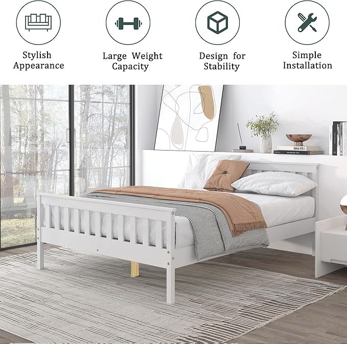 Queen Bed Frames With Headboard, Solid Wooden Platform Bed With Corner, Modern Low Profile Bed Frame, No Box Spring Needed, White Queen White Wood