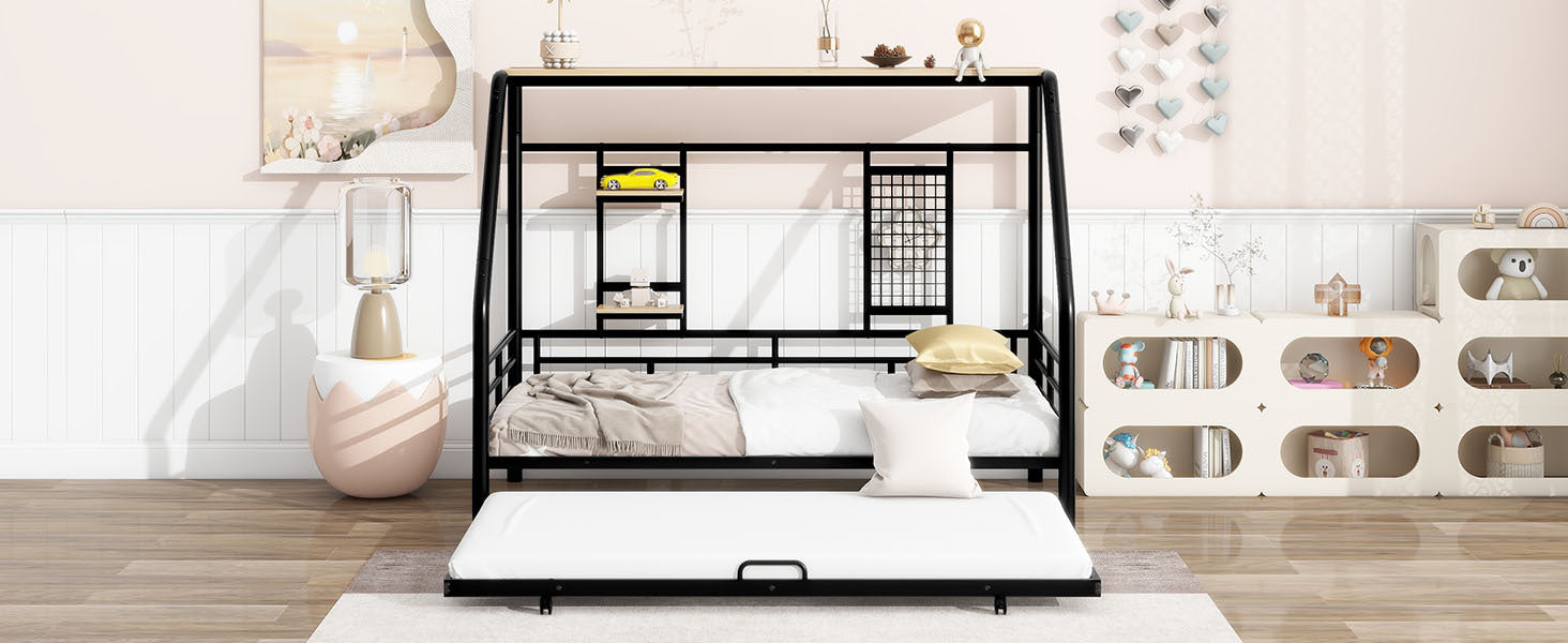 Twin Size Metal House Bed With Trundle, Black Twin Black Metal