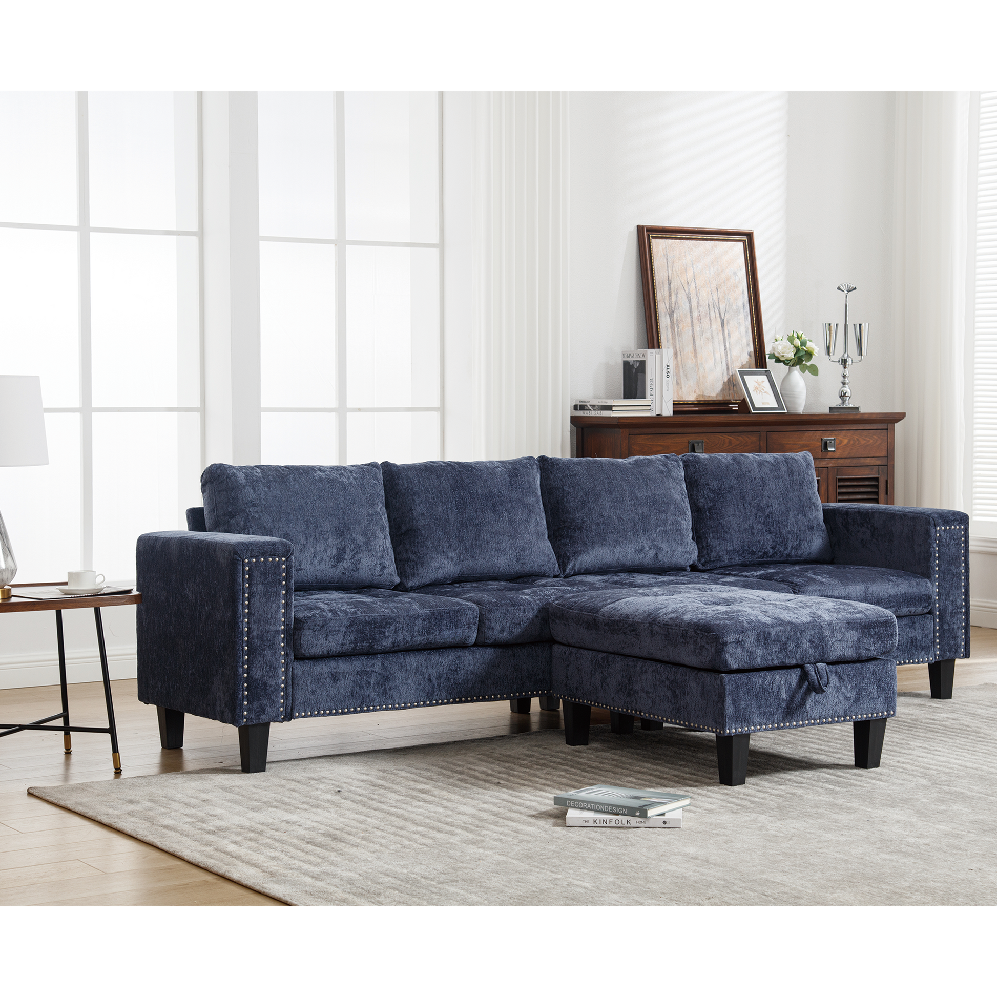 Arrived 5 Seat Modular Sofa,With Storage Ottoman, Convertible Sectional Sofa, L Shaped Couchreversible Chaise ,Riveted Sofa,Chenille, Blue Blue Polyester Wood Primary Living Space Medium Soft Cushion Back Modern Square Arms Foam Metal & Wood 5 Seat