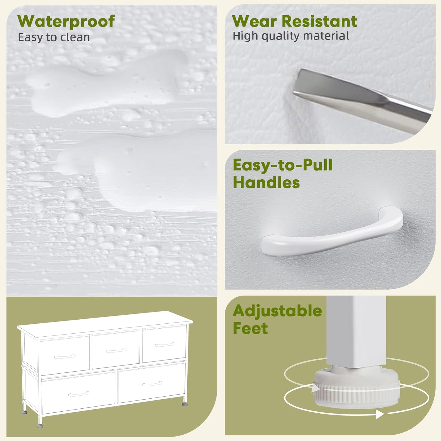 5 Drawers Dresser For Bedroom, Kidsroom Furniture, Wide Chest Of Drawers, Storage Organizer Units With Fabric Bins For Closet, White, Metal Frame, Waterproof Wood Top, Adjustable Feet White Wood